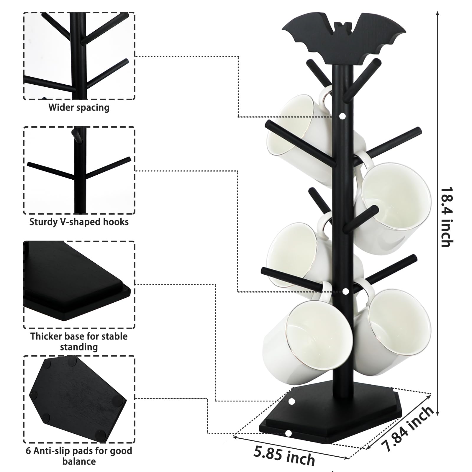 Gothic Black Bat Mug Holder Tree with 8 Hooks - Wooden Coffee Cup Rack for Kitchen Countertop - Halloween Decor & Coffee Bar Organizer - Perfect for Home, Office, and Halloween Party Decorations