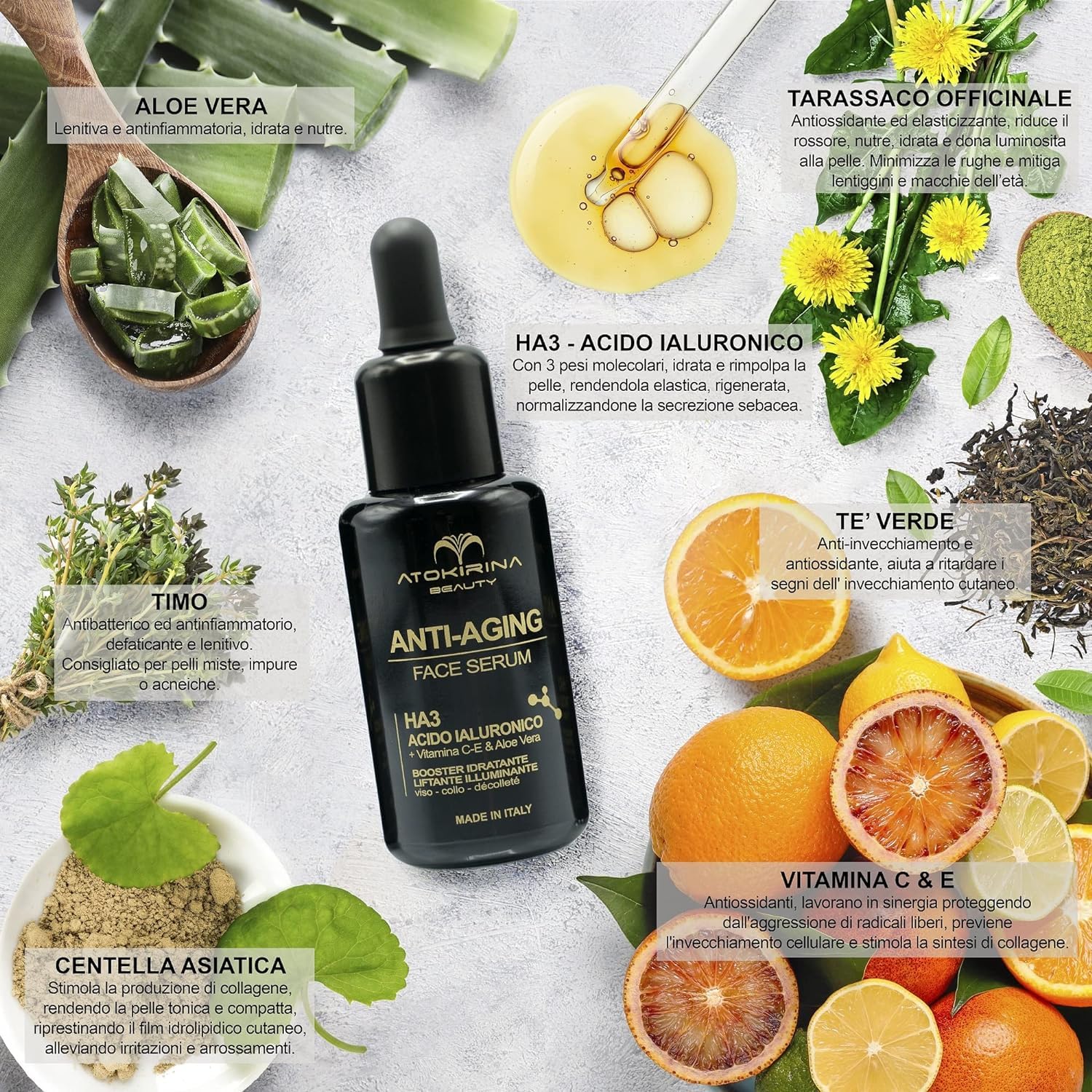 ATOKIRINA Anti-Aging Face Serum with Hyaluronic Acid & Vitamin C/E - 30ml Wrinkle Reduction & Skin Plumping Treatment for Men & Women - Perfect for Daily Skincare Routine & Dark Circle Reduction