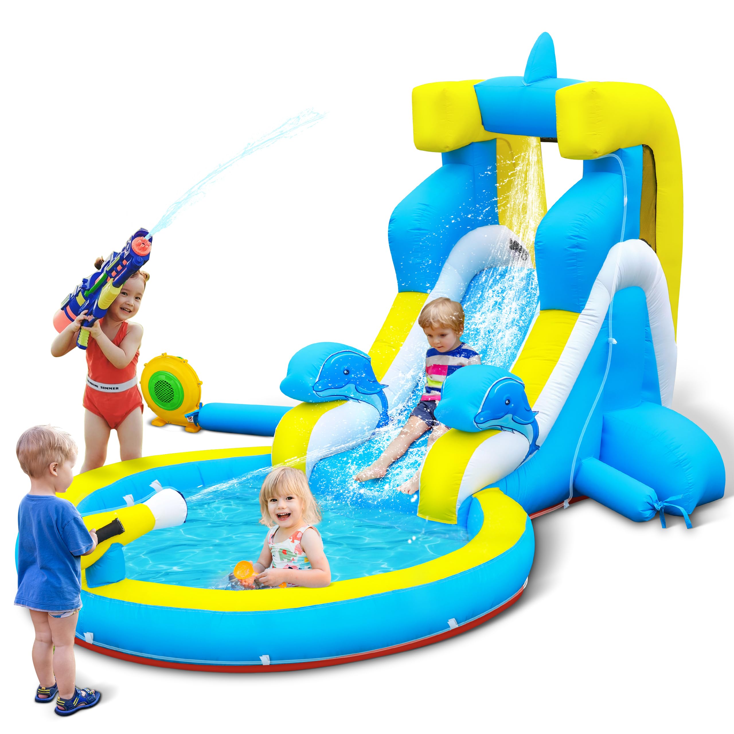 **Inflatable Water Slide for Kids - 4-in-1 Bounce House with Climbing Wall, Splash Pool & Water Cannon - 370W Blower - Wet & Dry Play - Indoor & Outdoor Backyard Birthday Party Fun**    *(Use Case: Perfect for summer parties, backyard fun, family gatherings, and kids' birthday celebrations!)*