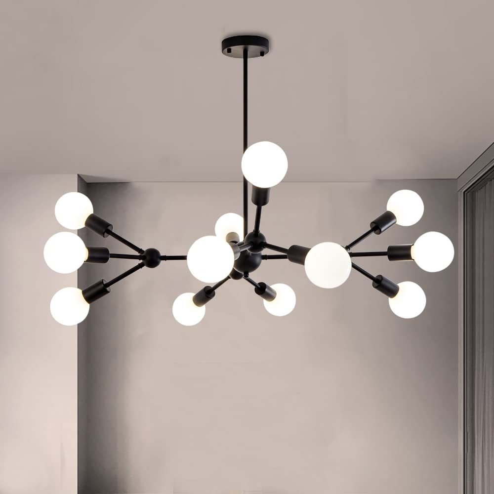 Quoobe Modern Black Sputnik Chandelier - 12-Light Metal Ceiling Fixture, Mid-Century Pendant Lighting for Bedroom, Living Room, Dining Room | Dimmable LED Chandelier for Home, Office & Restaurant Decor