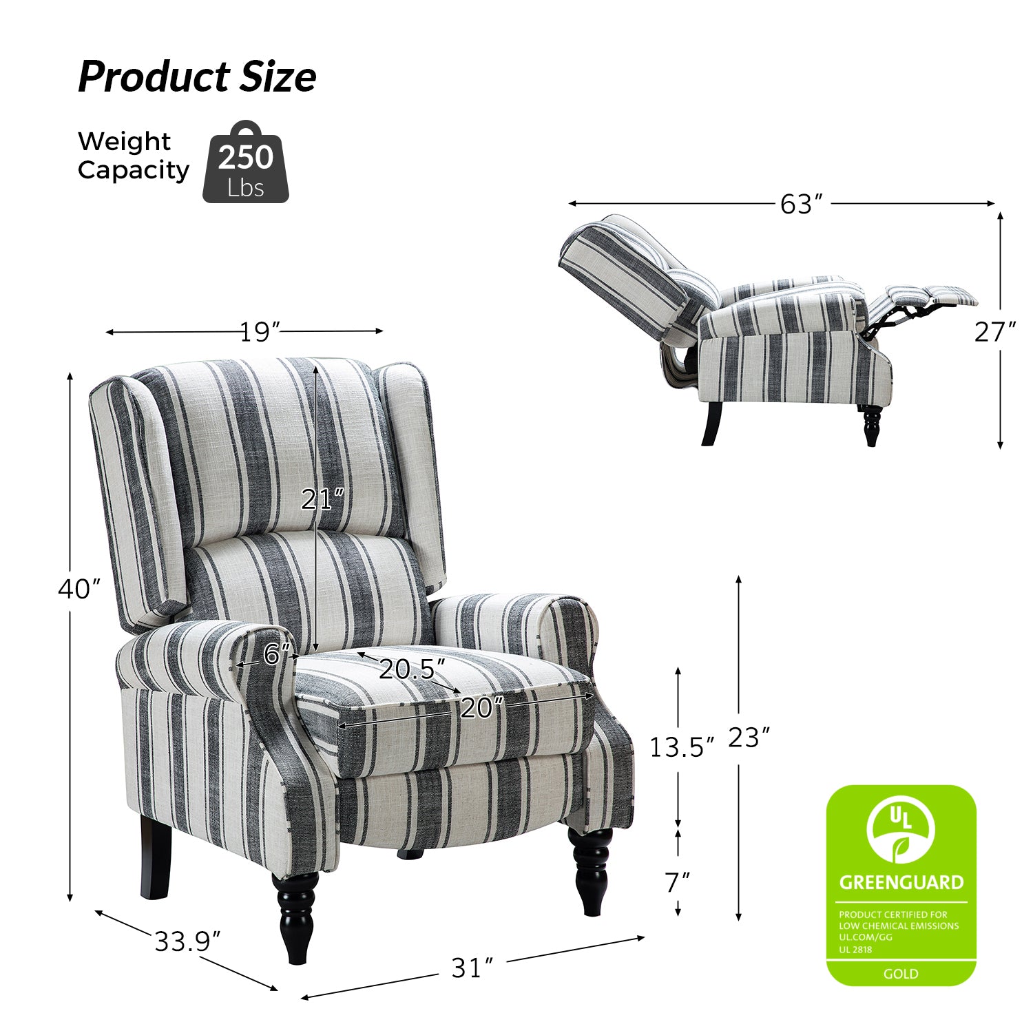 Erdeni Upholstered Manual Wingback Recliner Chair - Comfortable Living Room Armchair with Smooth Reclining Mechanism - Perfect for Home Theater, Reading Nook & Relaxation