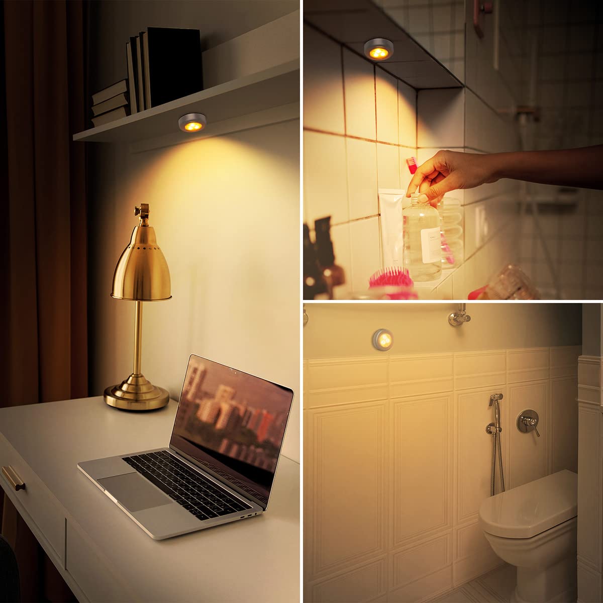 6 Pack Battery Powered LED Tap Lights - Cordless Puck Lights for Under Cabinet, Closet, Kitchen, Bedroom, RV & Outdoor Use - Bright Stick-On Touch Lights for Easy Nighttime Navigation