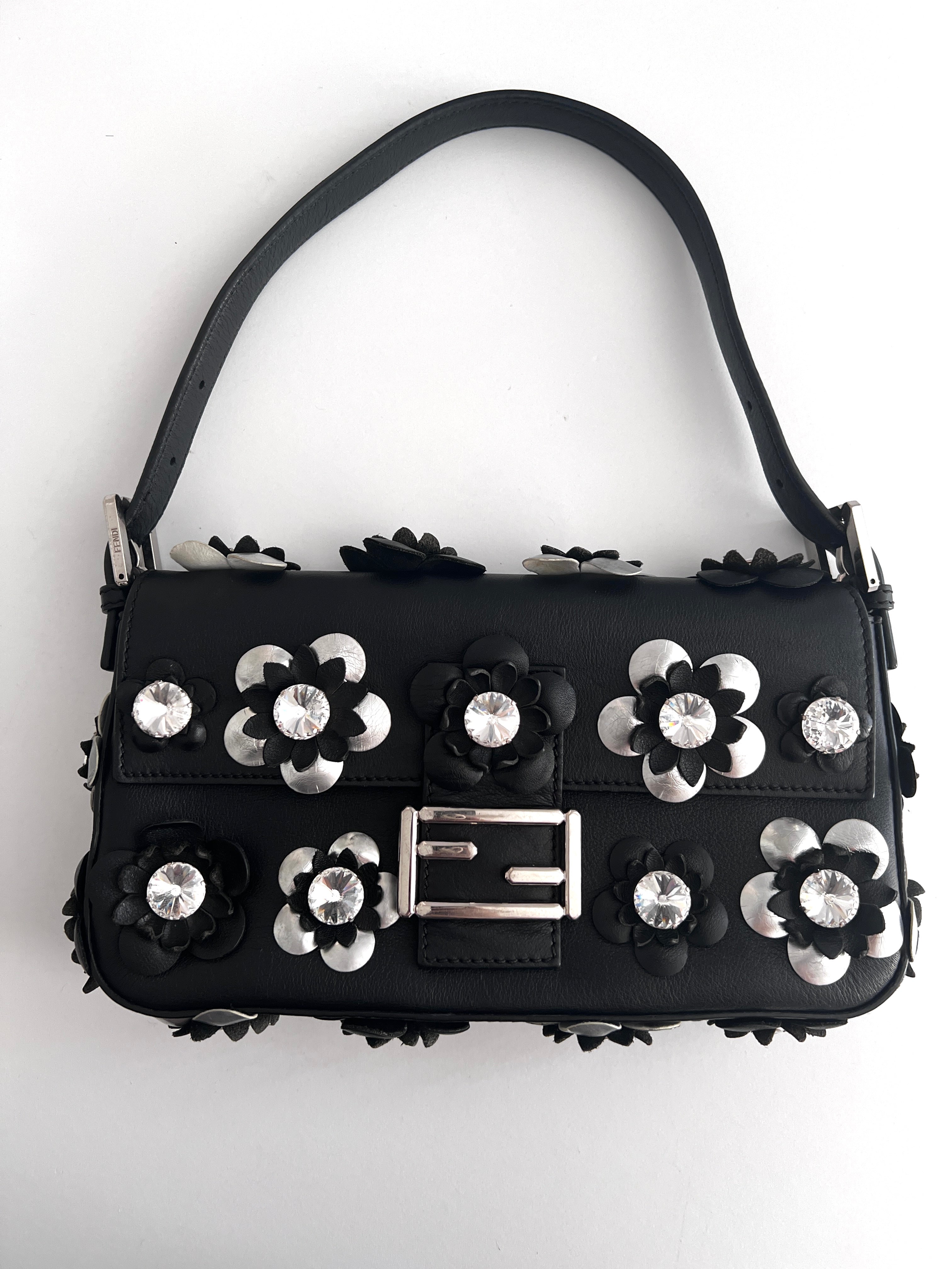 Fendi 3D Floral Black Leather Baguette Handbag - Elegant Crossbody Purse for Women, Perfect for Parties, Dates & Evening Events