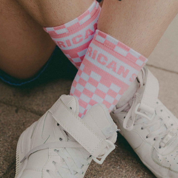 American Socks for Women - Pink Checkerboard Pattern Mid-Calf Crew Socks - Comfortable Cotton Blend for Daily Wear, Workout & Casual Outfits