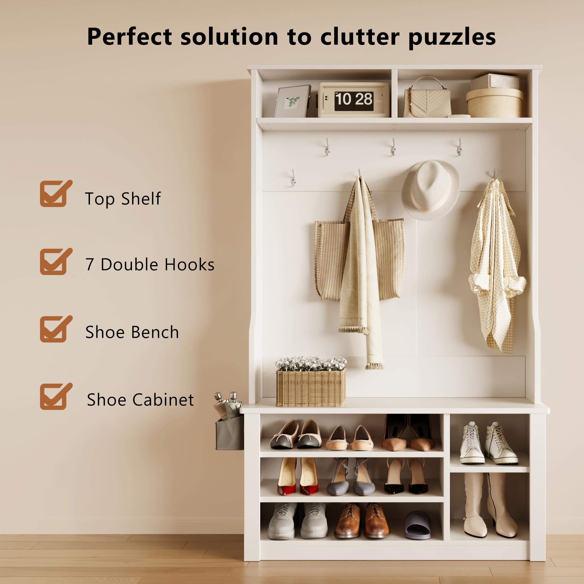 Aiho 3-in-1 Entryway Hall Tree with Bench, Coat Rack & Adjustable Shoe Storage | 2-Tier Top Shelf | White | Perfect for Organizing Entryways, Hallways & Mudrooms | Space-Saving Home Decor Solution