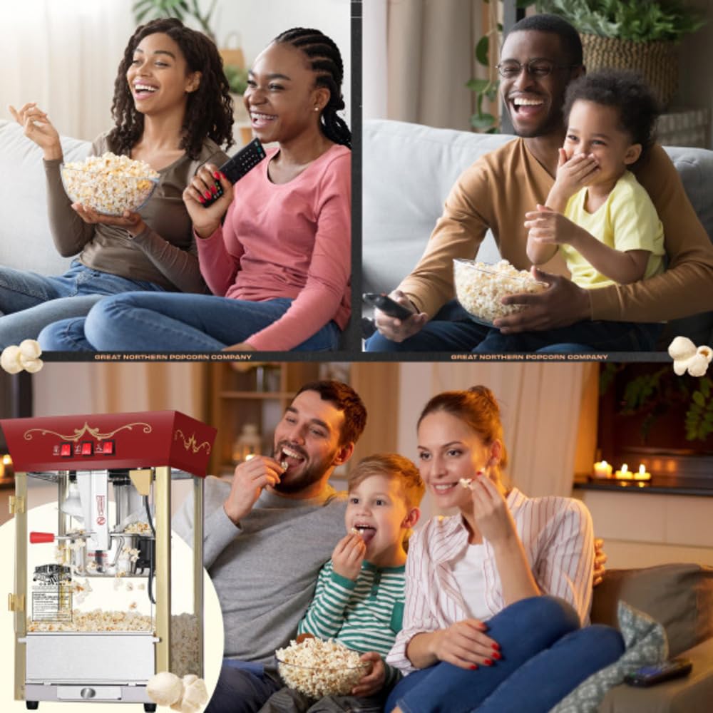 Great Northern Popcorn Matinee 8oz Popcorn Machine with Stainless Steel Kettle - Red Commercial Popcorn Popper with Reject Kernel Tray, Warming Light & Accessories for Movie Nights, Parties & Home Theater Snacks