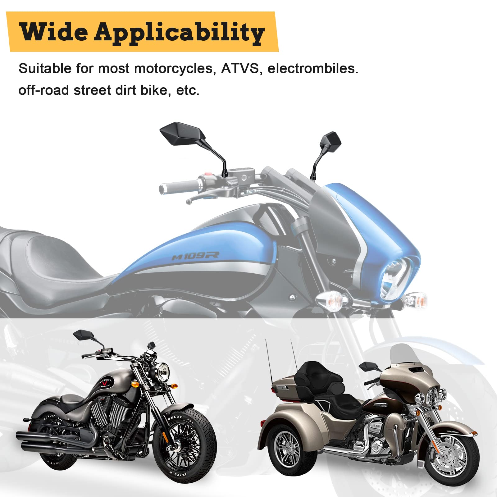 Universal Motorcycle Rear View Mirrors - Adjustable Convex Side Mirrors with M10 Bolt & 7/8