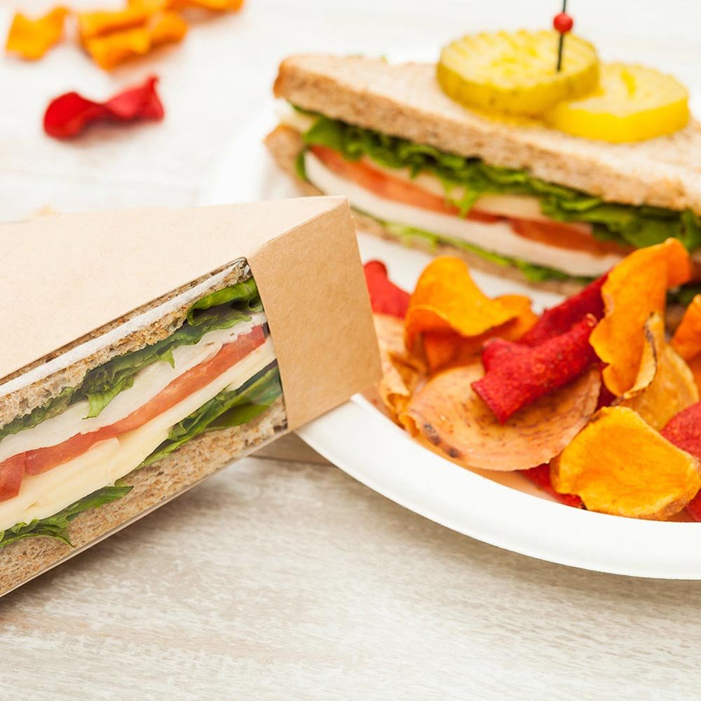 Restaurantware 4.8 Inch Small Sandwich Wedge Box with Window - 25 Pack Brown Triangle Takeout Containers for Deli, Bakery, Picnics & Catering Events