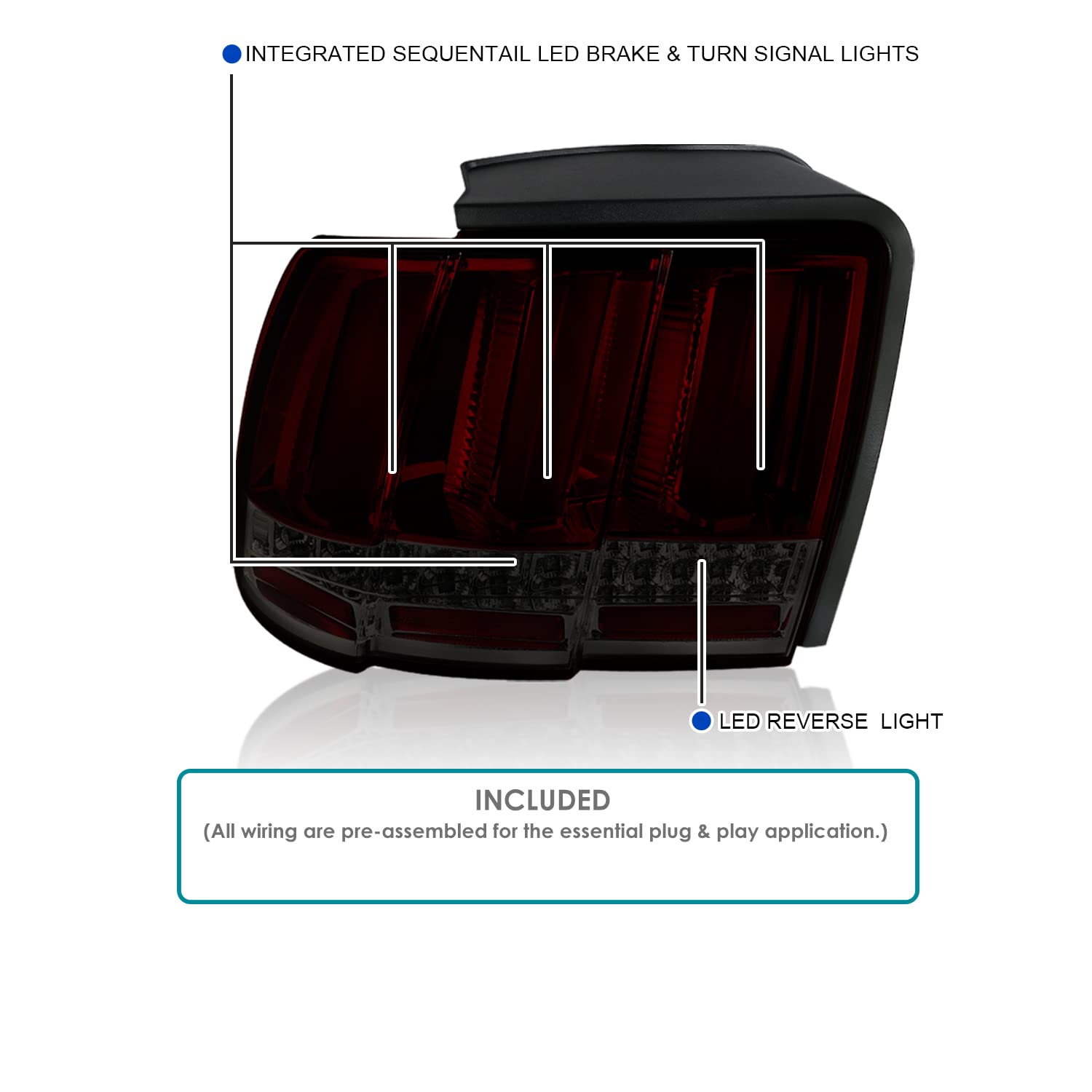 Spec-D Tuning Red Smoke Sequential LED Tail Lights for 1999-2004 Ford Mustang - Left & Right Pair Assembly - Enhanced Night Visibility & Style Upgrade for Street Racing & Car Shows