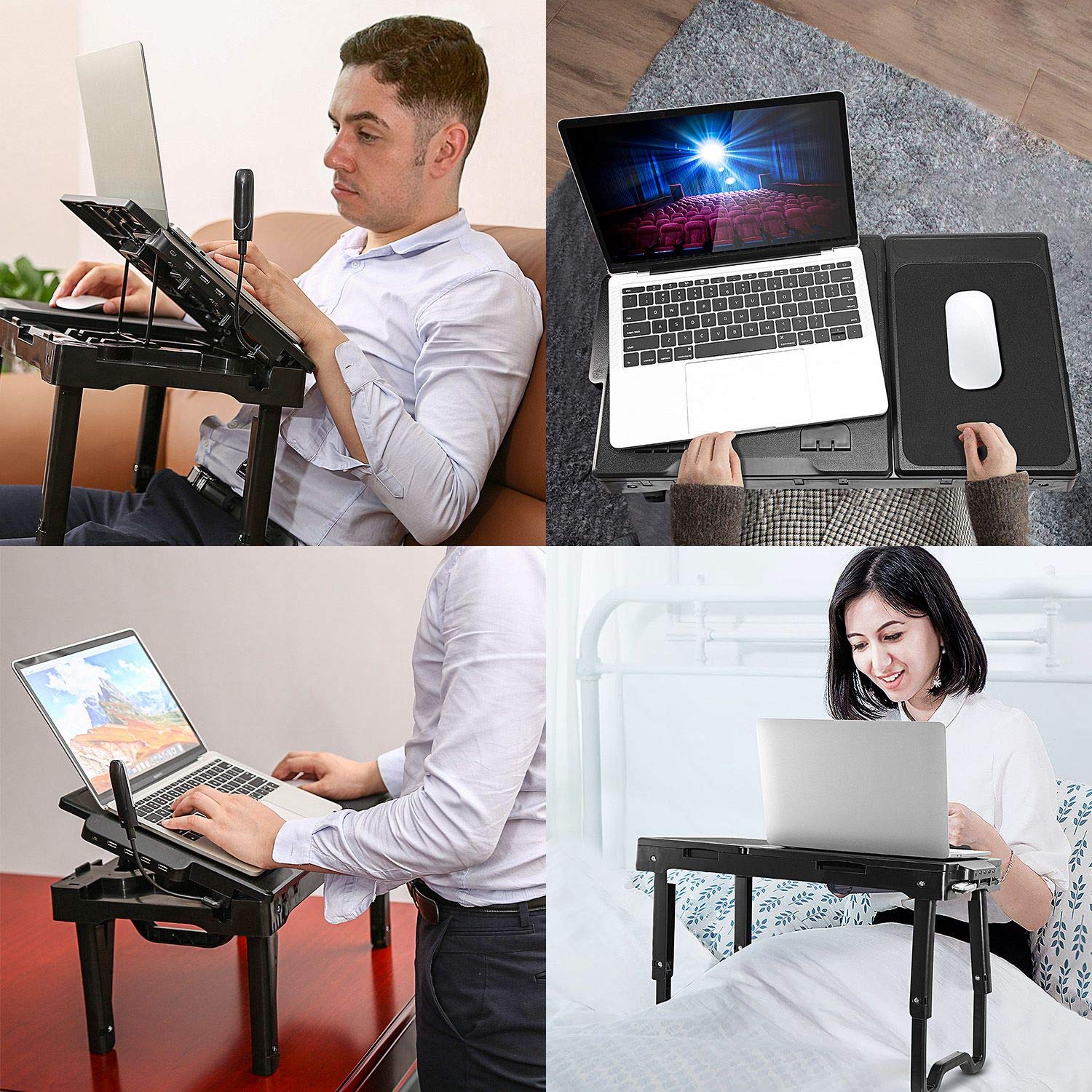 Adjustable Laptop Desk for Bed & Couch - Portable Lap Desk with Cooling Fan, Foldable Legs, LED Light & 4 USB Ports - Perfect for Home Office, Gaming & Studying in Bed or on Sofa