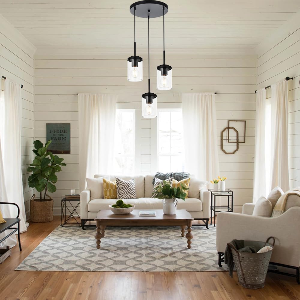 BONLICHT 3-Light Matte Black Industrial Glass Chandelier - Modern Farmhouse Cluster Pendant Lighting for Kitchen Island, Dining Room, Foyer & Hallway | Durable Hanging Ceiling Fixture for Home & Restaurant Decor
