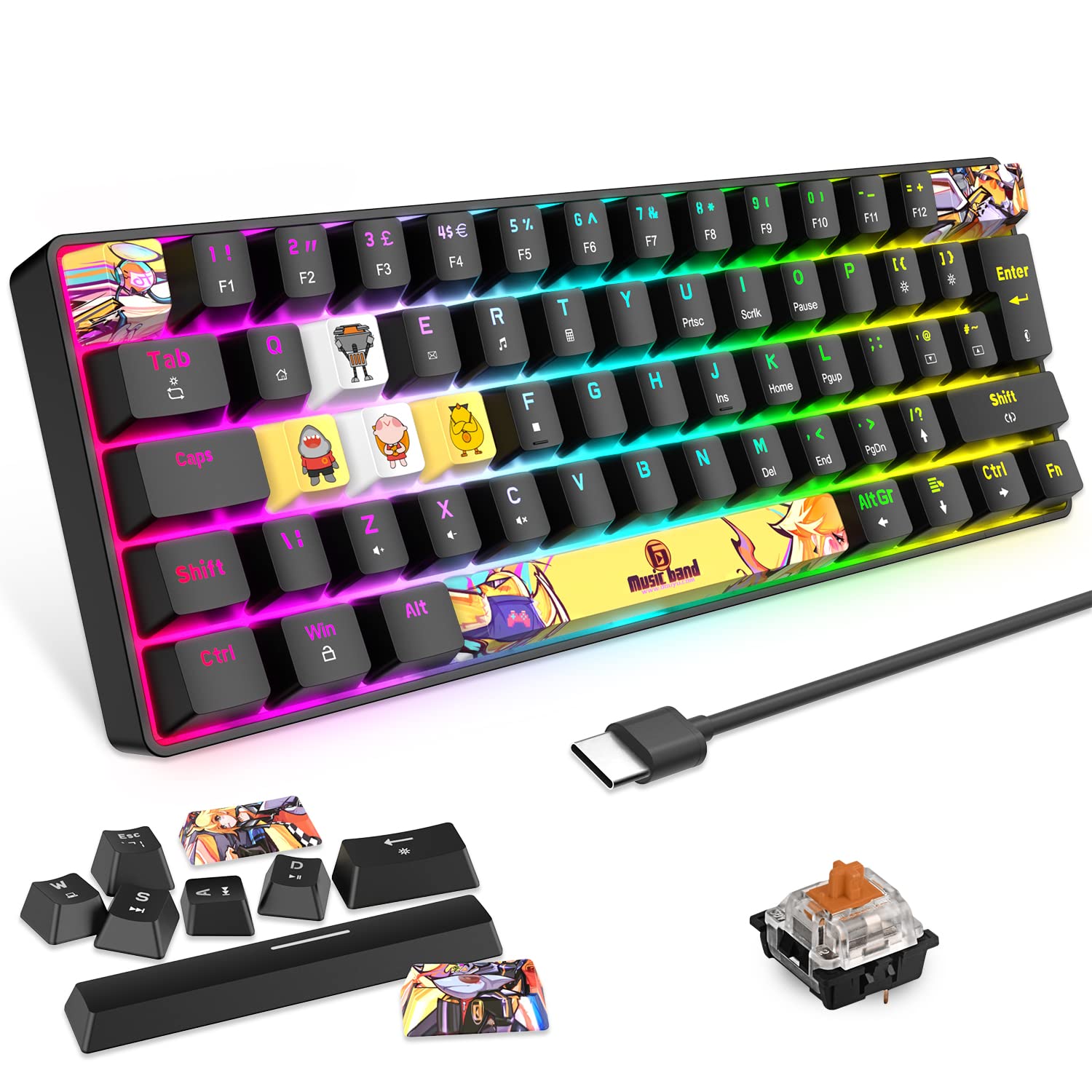 60% Mini Gaming Keyboard - Compact 62 Keys with Red Switch & 18 LED Chroma Backlit | Detachable USB Type-C Mechanical Keyboard for PC & Laptop | Includes 9 Dye Sublimation PBT Keycaps (Black) | Perfect for Esports, Office Work & Space-Saving Setups