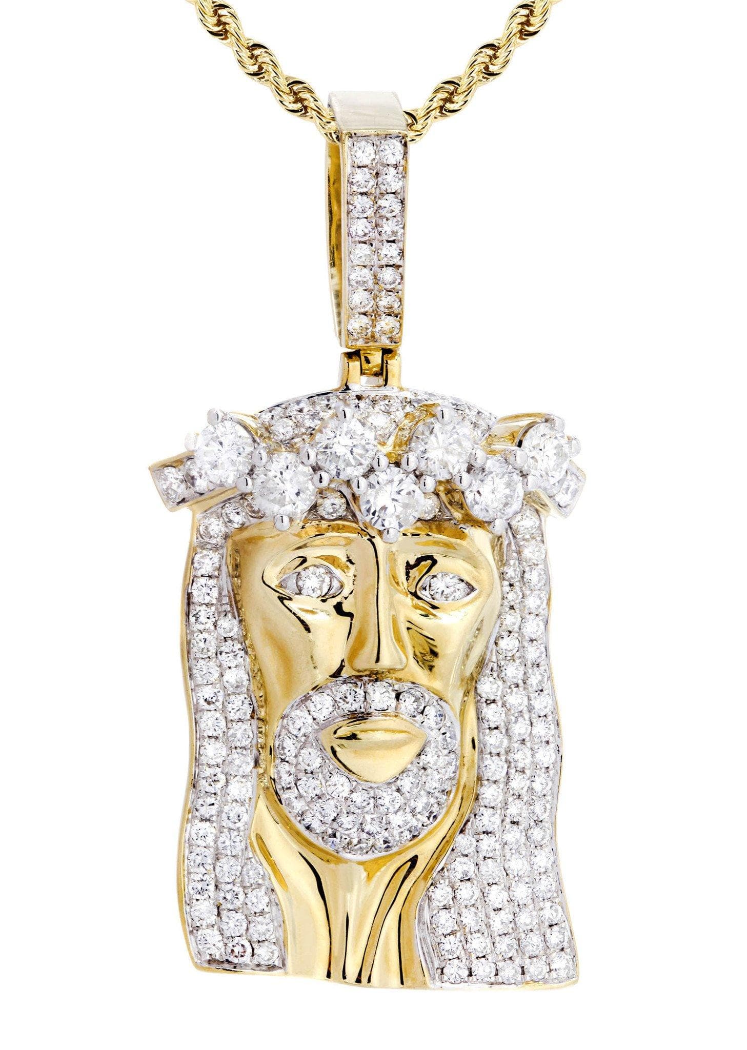 14K Yellow Gold Jesus Head Diamond Necklace - 5.85 Carats Diamond Cross Pendant for Women | Religious Jewelry Gift for Baptism, First Communion & Church Occasions