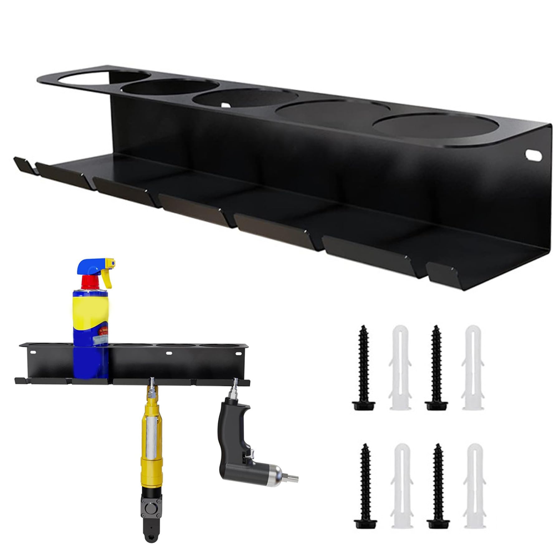 Heavy Duty Wall Mount Aerosol Can Holder with 5 Cans & 6 Slots - Upward Curved Black Metal Spray Bottle Organizer for Garage, Workshop, Kitchen, Bathroom and Workspace Storage
