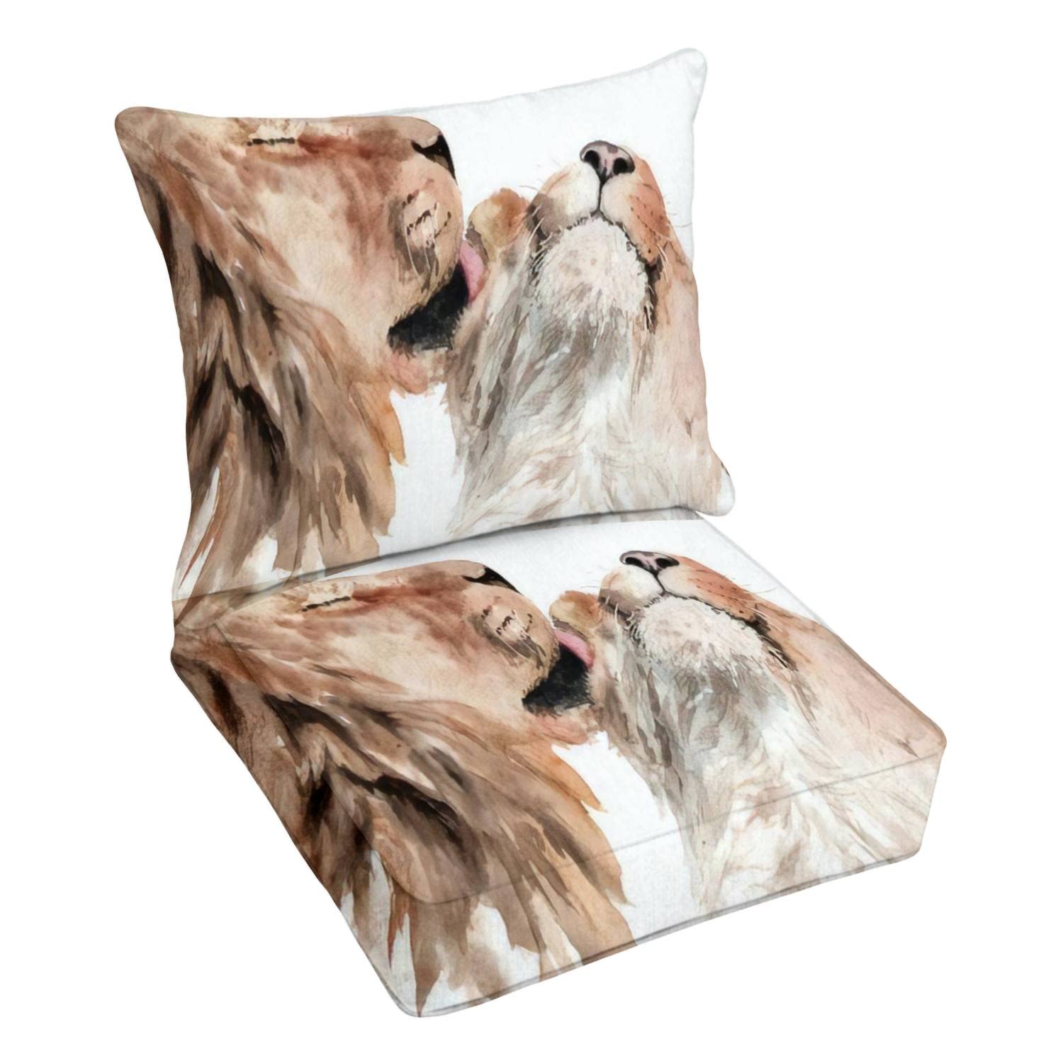 Premium Outdoor Deep Seating Cushion Set - Watercolor Lion Couple Love Kiss Design - Replacement Cushions for Patio Lounge Chairs - Waterproof & Durable for Backyard, Poolside, and Garden Conversation Areas