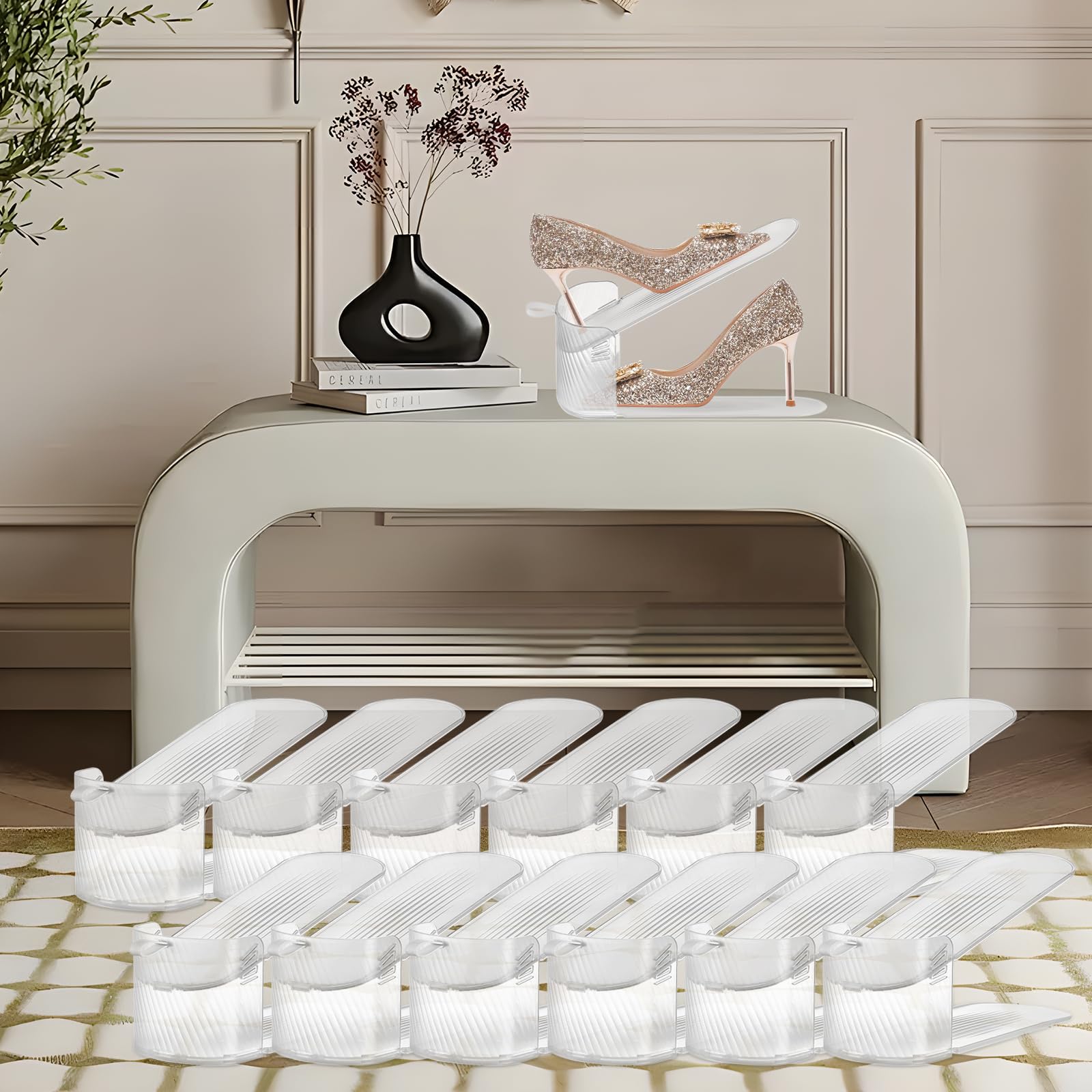 12-Pack Clear Shoe Organizer for Closet - Adjustable Shoe Rack Holder with Space-Saving Design | Perfect for Closet Organization, Shoe Storage & Small Spaces (Transparent)