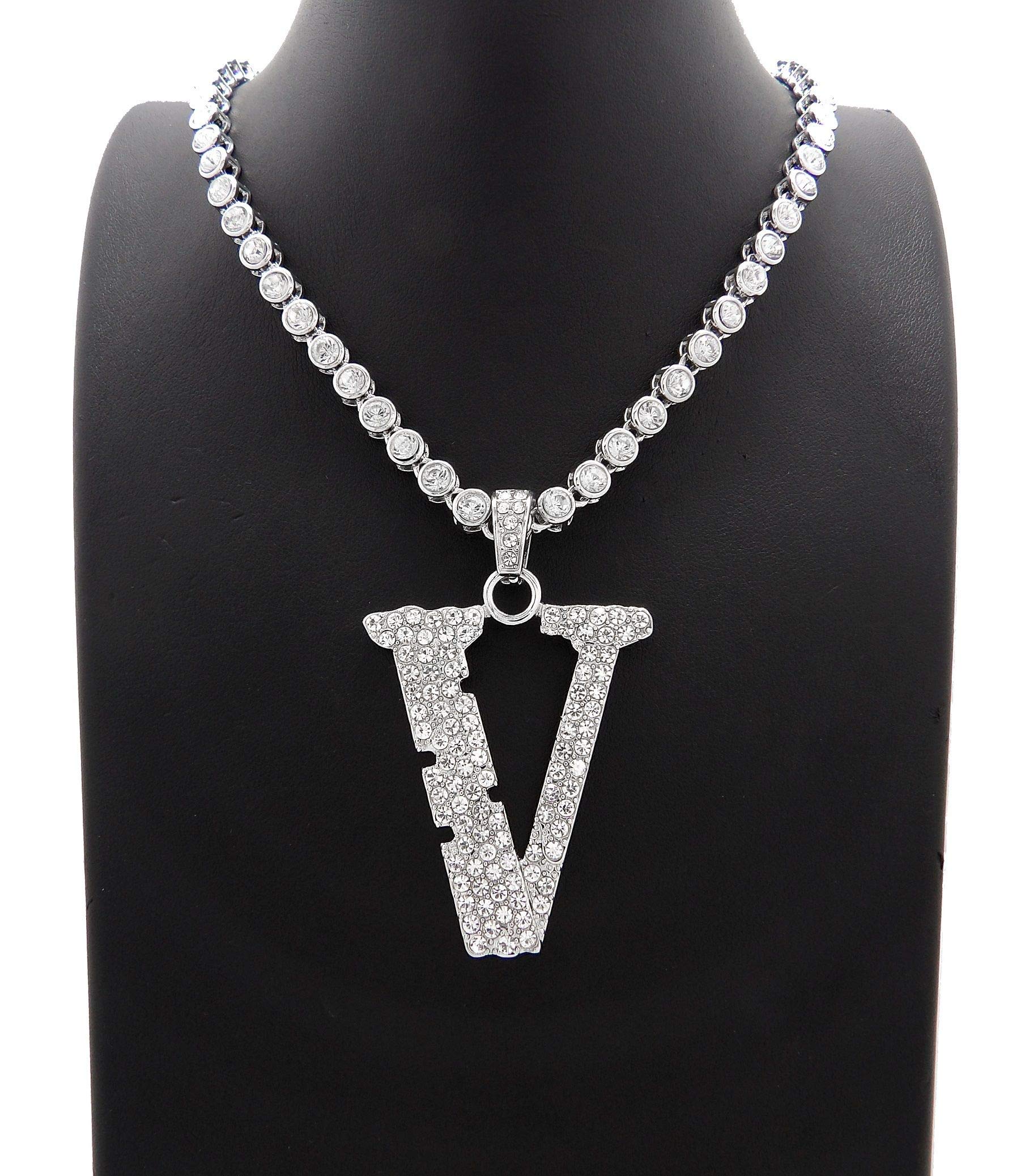 NYFASHION101 5mm Iced Out Tennis Chain Necklace with Stone Stud Capital V Initial Pendant - Elegant Layering Jewelry for Women, Perfect for Parties, Date Nights & Everyday Wear