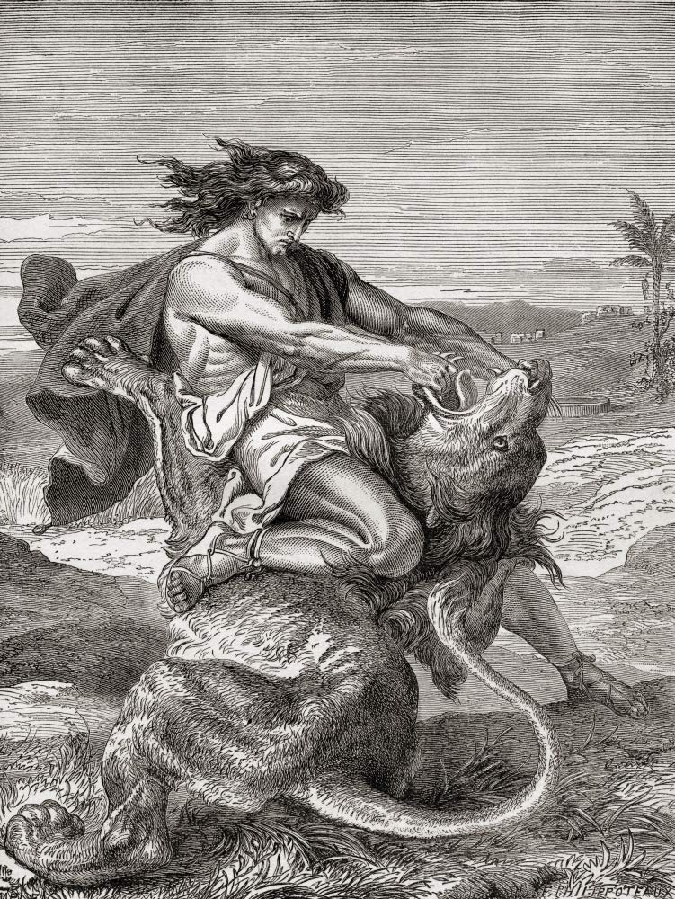 Samson Killing The Lion Biblical Art Print - Vintage 1883 Children's Bible Illustration - 12x16 Inch Wall Decor for Home, Office & Church
