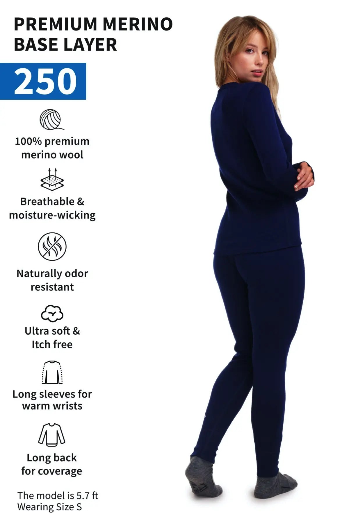 Women's 250 GSM Merino Wool Thermal Underwear Set - Navy Blue - Base Layer for Winter, Hiking & Outdoor Activities