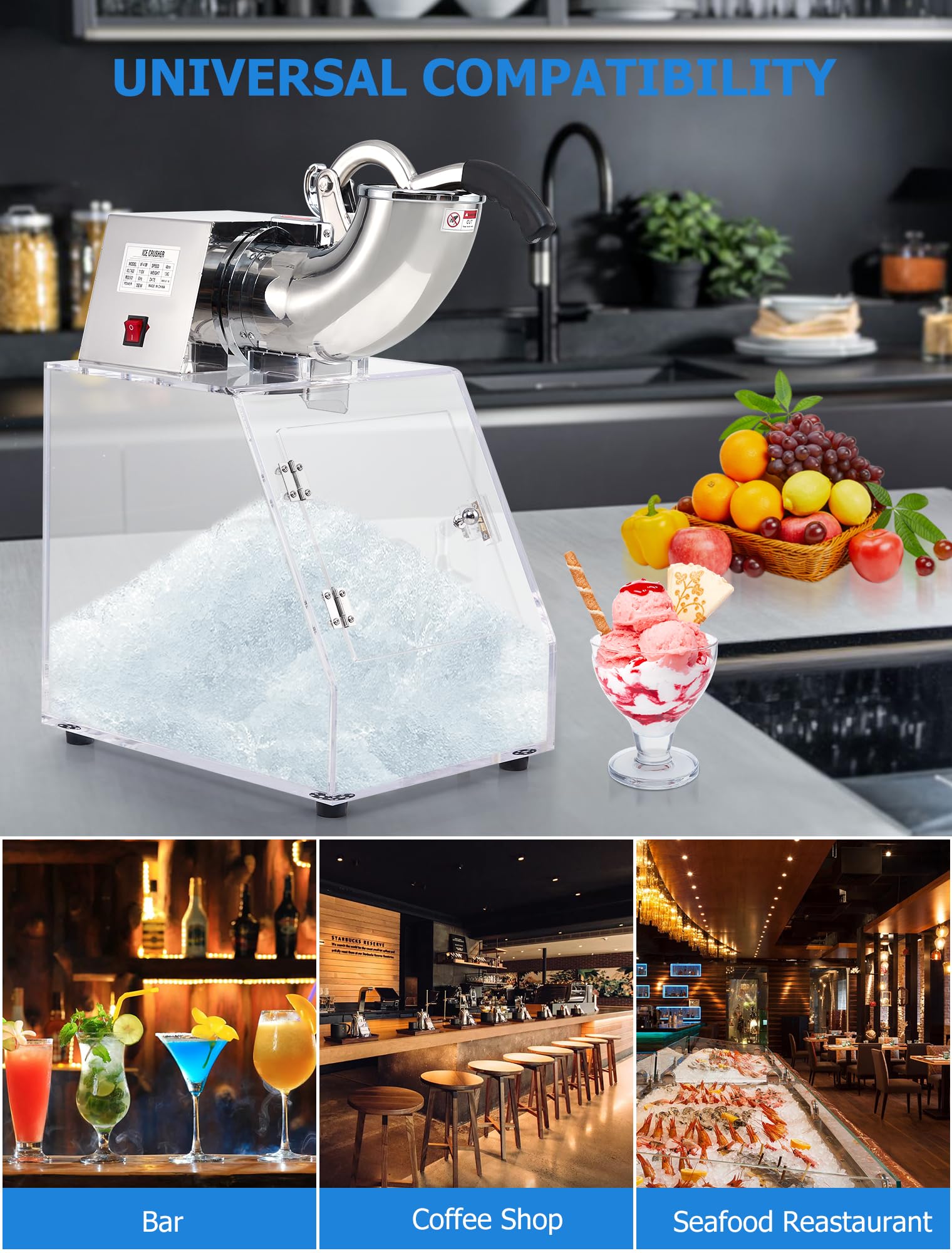 350W Commercial Ice Crusher Machine with Acrylic Case & Stainless Steel Dual Blades - Heavy Duty Safety Switch for Home Bars, Restaurants, and Smoothie Shops - Perfect for Cocktails, Slushies, and Frozen Drinks