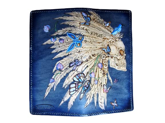 Handcrafted 3D Genuine Leather Wallet for Men - Long Biker Travel Wallet with Blue Skull Indian Hand-Carved Design | Custom Personalized Clutch Wallet for Everyday Use, Gifts & Motorcycle Riders