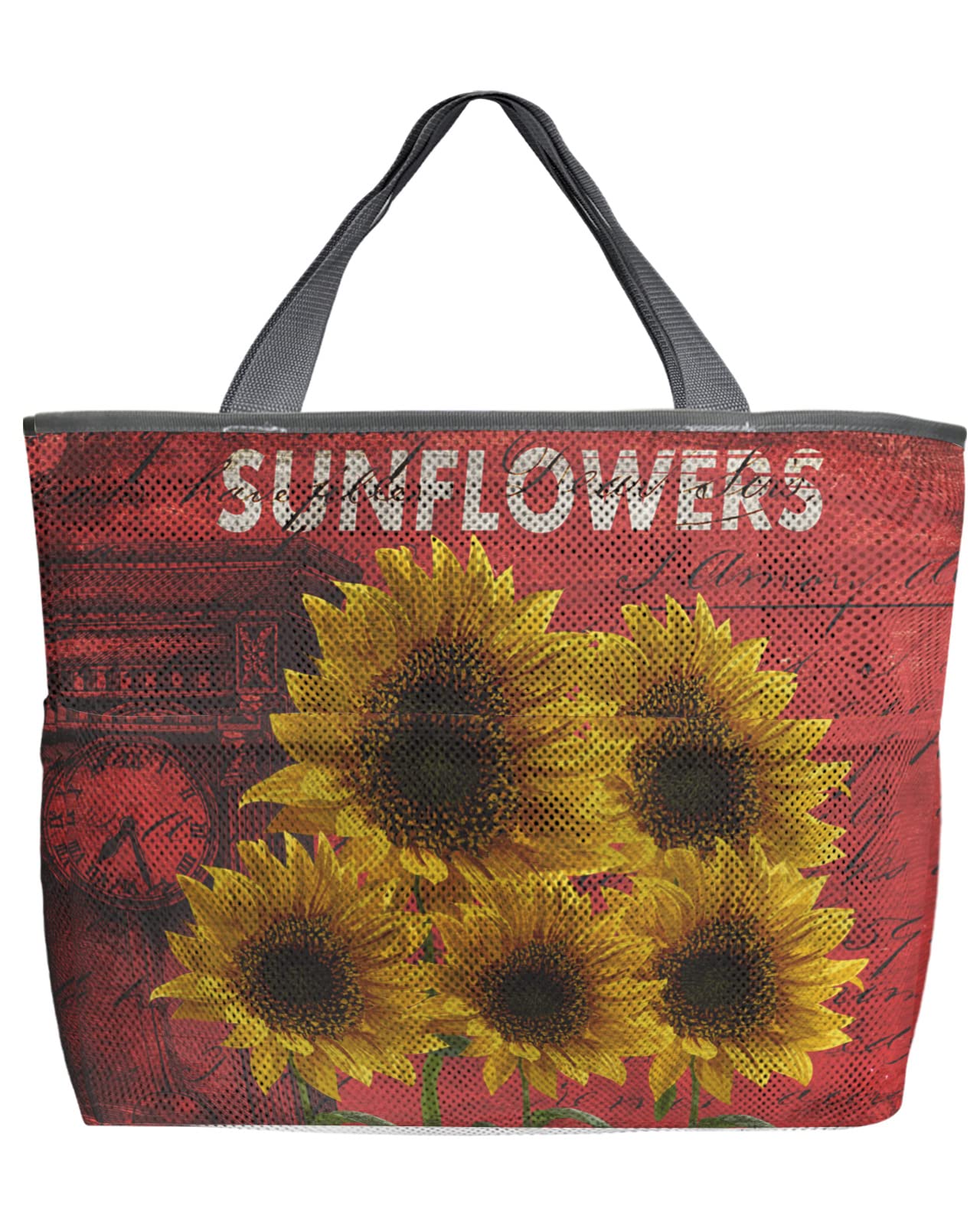Waterproof Extra Large Mesh Beach Tote Bag with 8 Pockets - Sunflower Print Swim Bag for Women, Perfect for Pool, Beach Vacation & Summer Travel Accessories