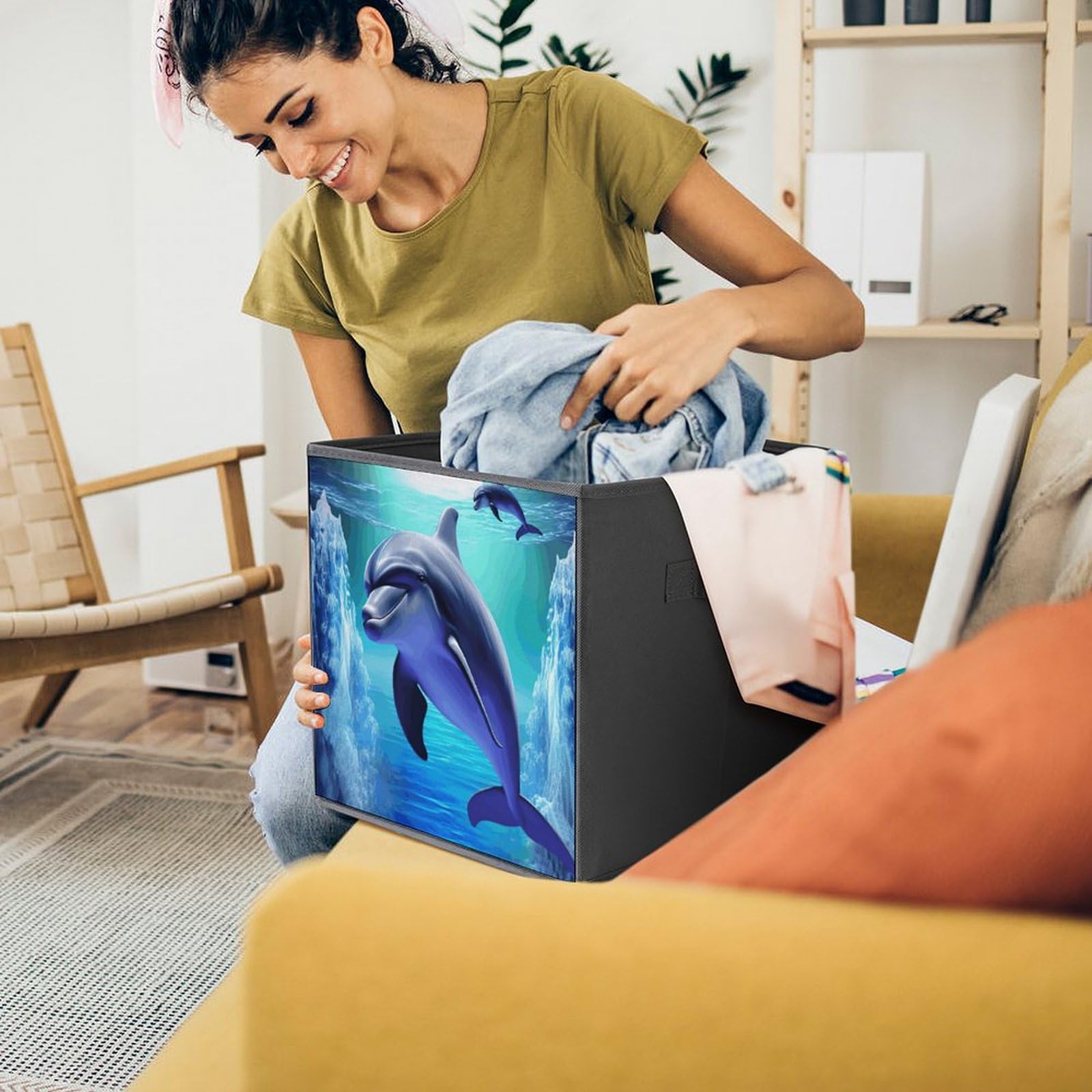 Foldable Storage Bins with Handles - Large Capacity Dolphin Printed Organizer for Playroom, Office & Home