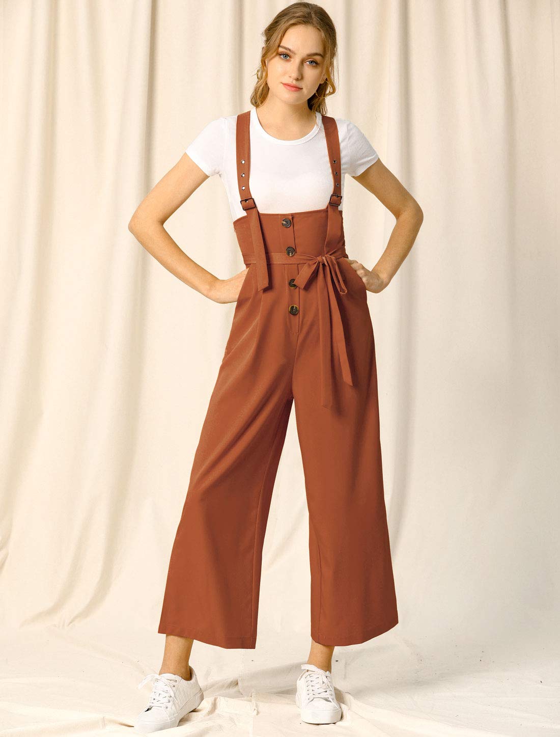 Allegra K Women's High Waist Wide Leg Belted Jumpsuit with Buttons - Stylish Long Overalls for Casual Wear, Office Outfits & Spring Fashion