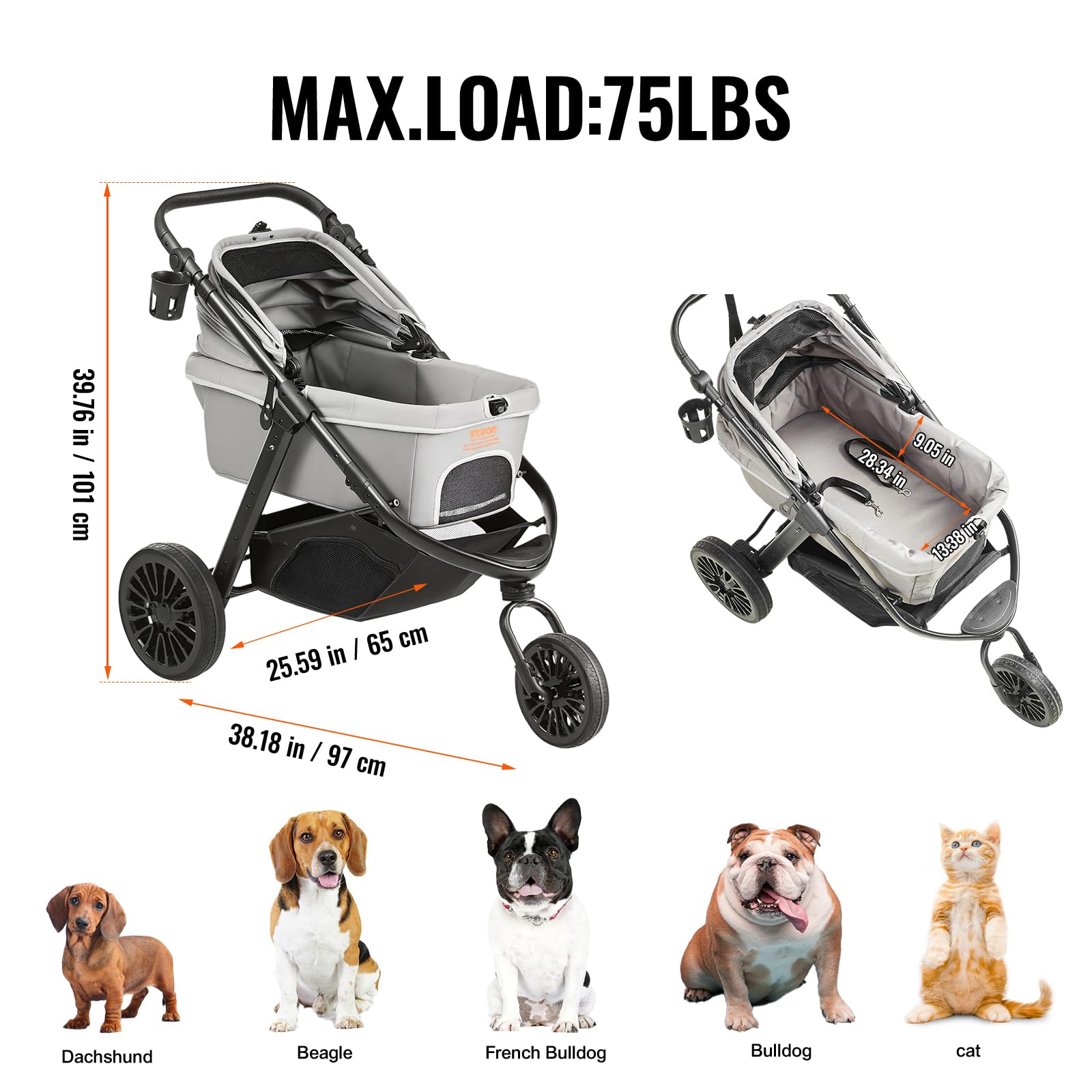 VEVOR Heavy Duty Pet Stroller for Large Dogs & Cats up to 75lbs - 3-Wheel Folding Dog & Cat Carrier with Storage Basket, Adjustable Handle & Ventilated Canopy - Perfect for Jogging, Shopping & Outdoor Adventures