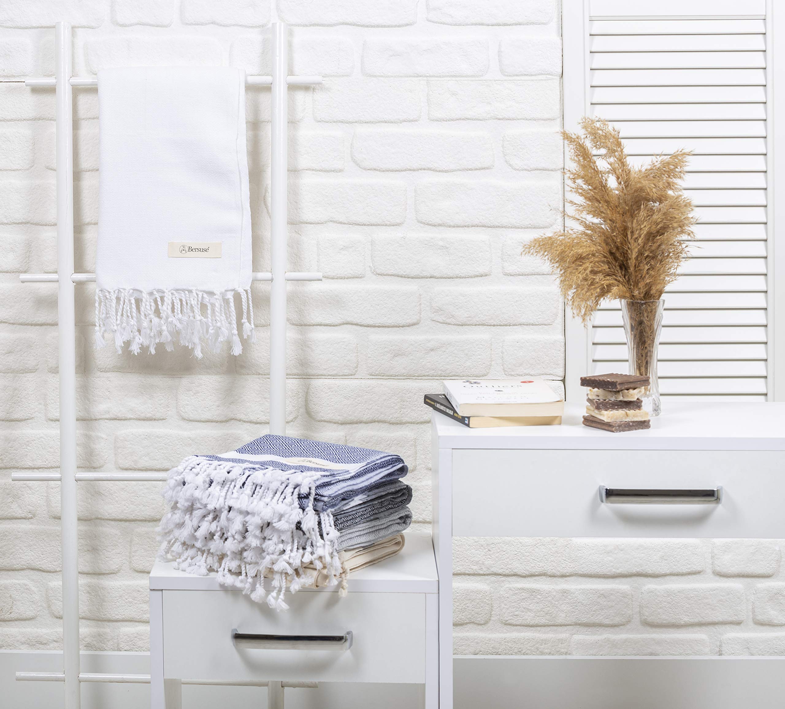 Bersuse 100% Cotton Turkish Bath Towel - Ultra Soft & Absorbent Beach Towel for Pool, Spa & Travel - 37x70 Inches Large Size - Perfect for Vacation, Yoga & Picnic - White (Set of 3)
