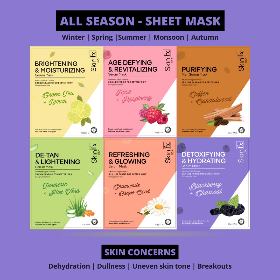 Skin FX Brightening Face Sheet Mask with Green Tea & Allantoin - Hydrating & Repairing Korean Facial Mask for Glowing Skin | Daily Use for Men & Women | Pack of 2 | Perfect for Dry Skin Care & Post-Workout Refreshment