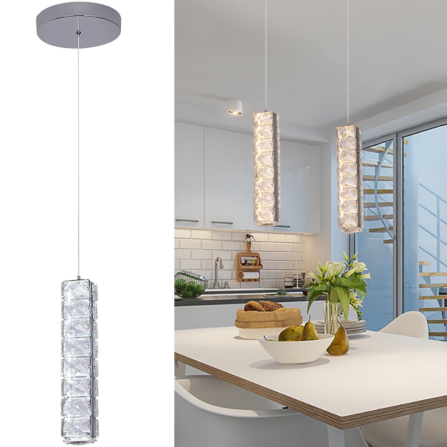 1-Light Crystal Pendant Light Fixture - 3 Color Dimmable LED Hanging Light with Adjustable Height - Modern Ceiling Light for Kitchen Island, Dining Room, Living Room & Bedroom - Perfect for Home Decor and Ambient Lighting