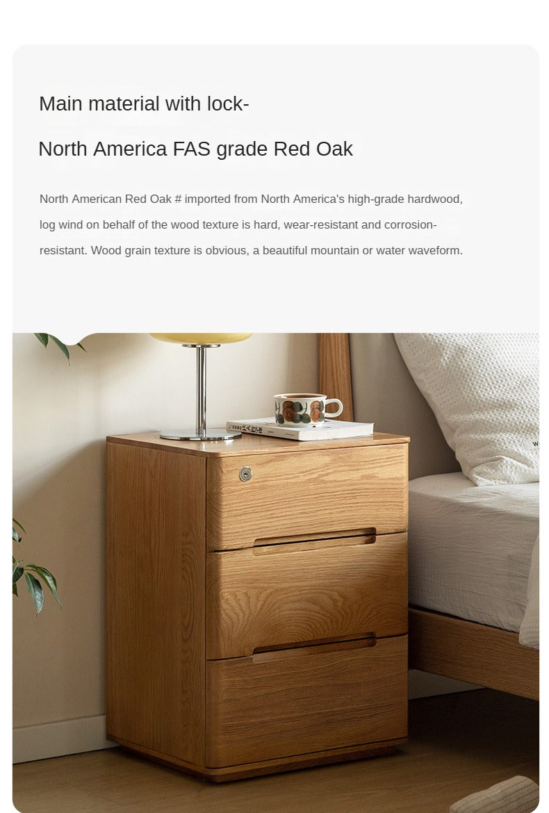 Solid Oak Wood 3-Drawer Nightstand with Lock - Bedside Table for Bedroom, Living Room & Office Storage