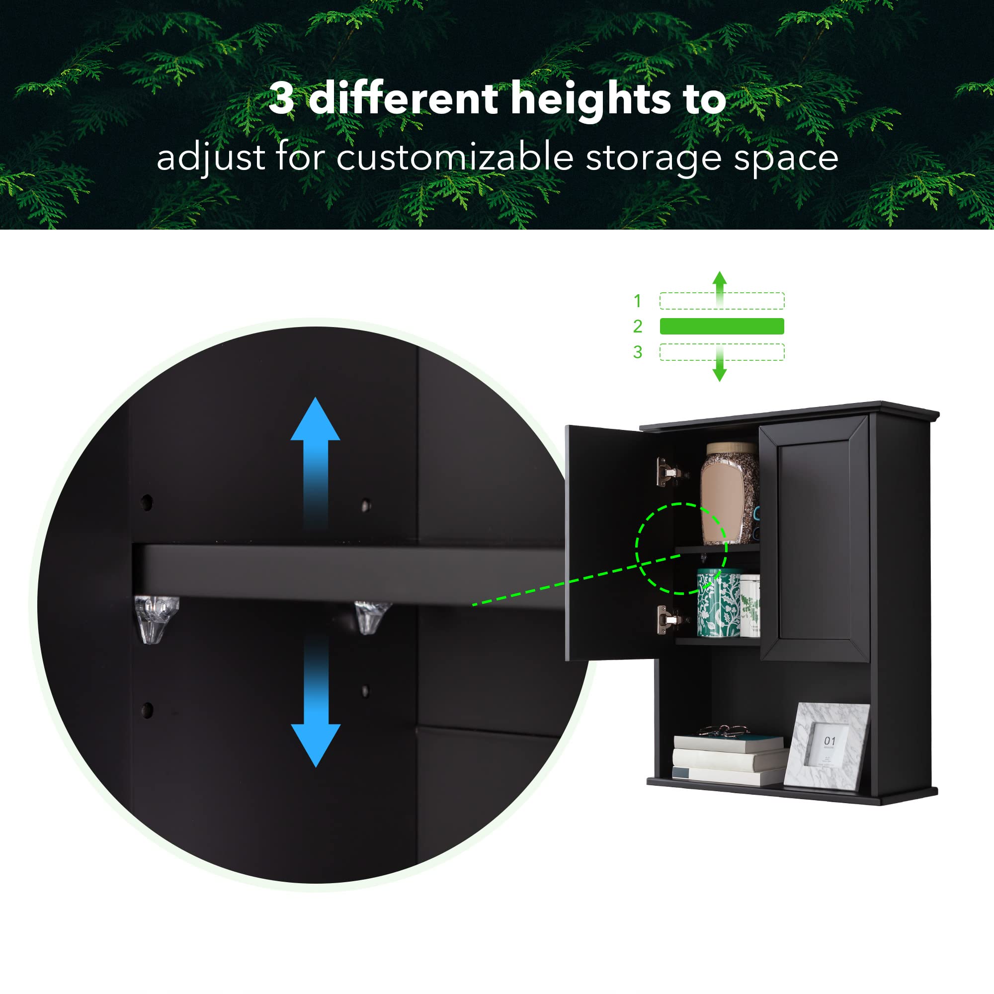 Black Wall Mounted Wood Medicine Cabinet for Bathroom - Over Toilet Storage with 2 Doors, Adjustable Shelf & Soft Hinge - Perfect for Small Bathroom Organization & Space Saving Storage