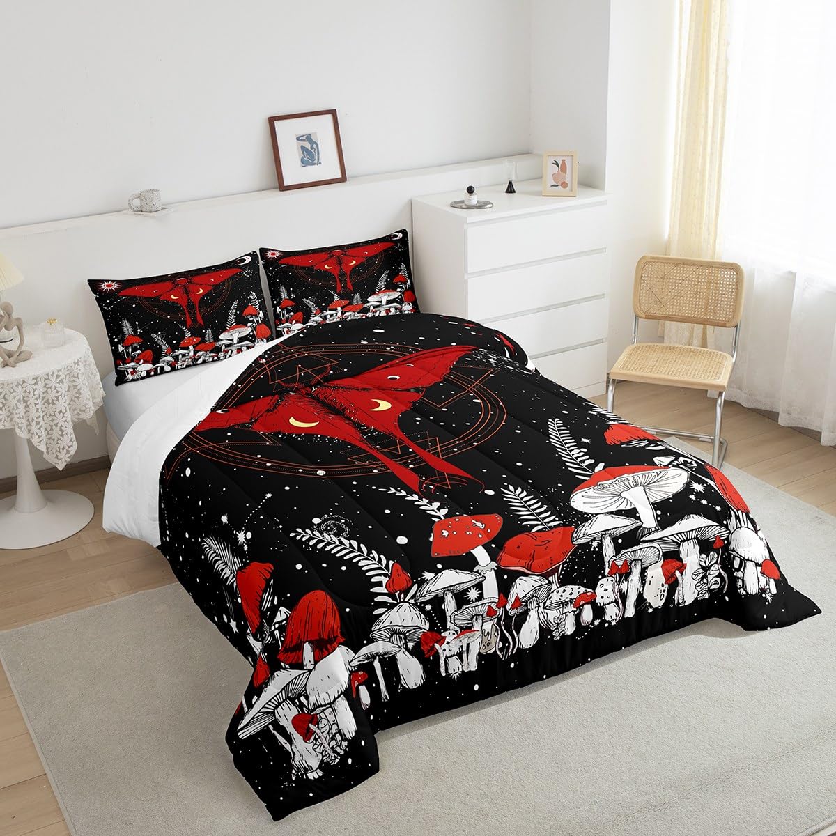 Red Mushroom Plant Twin Size Comforter Set - Stars Moon Galaxy Space Microfiber Quilt & Duvet Set for Kids & Teens (2-Piece) | Soft Bedroom Decor for Cozy Sleep & Dreamy Space-Themed Nursery