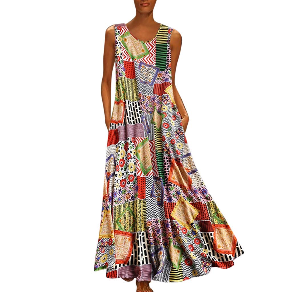 TWIFER Women's Vintage Floral Print Casual Summer Sleeveless Maxi Dress - Loose Fit O-Neck Patchwork Dress for Beach, Vacation & Everyday Wear