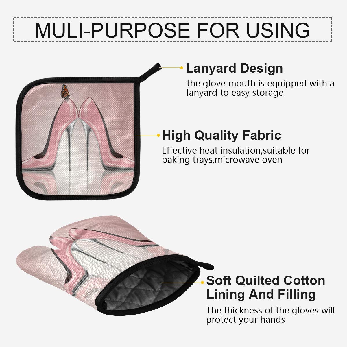 Pink High Heel Shoe Oven Mitts & Pot Holders - Heat Resistant Non-Slip Kitchen Gloves for Baking, Cooking, Grilling, BBQ - Perfect for Valentine's Day Gifts & Women's Kitchen Accessories