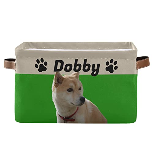 Personalized Collapsible Dog Toy Storage Basket with Leather Handles - Custom Pet Toy Organizer for Dog Toys, Clothes & Accessories - Green - Perfect for Living Room, Bedroom or Pet Play Area Organization