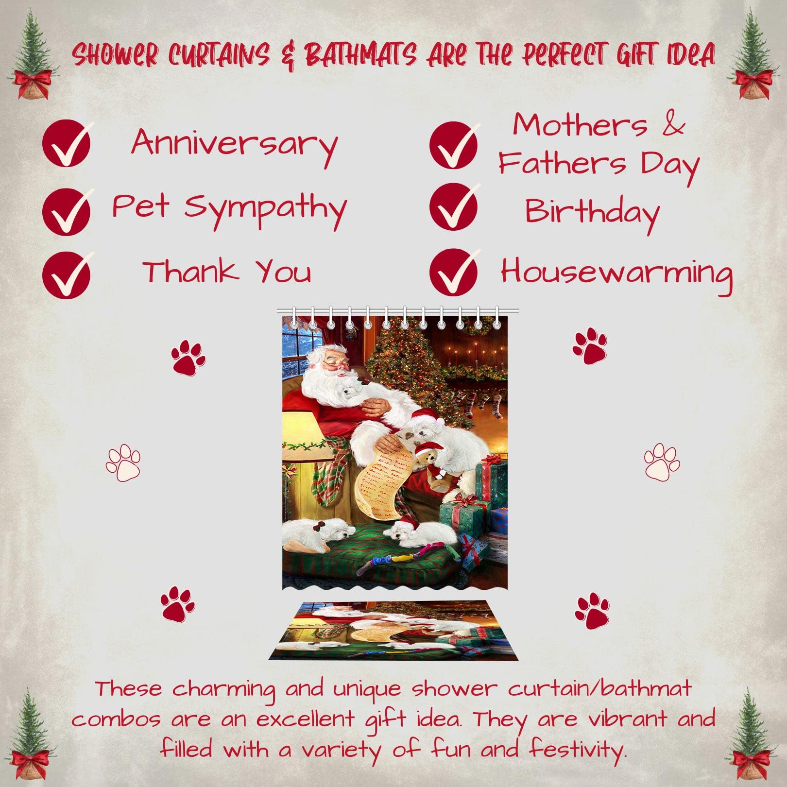 Santa Sleeping with Bolognese Dog Shower Curtain & Bath Mat Set - Waterproof Polyester Bathroom Decor with Hooks (Mat 20''x32'', Curtain 72''x84'') - Perfect for Christmas Bathroom Decor & Pet Lover Gifts