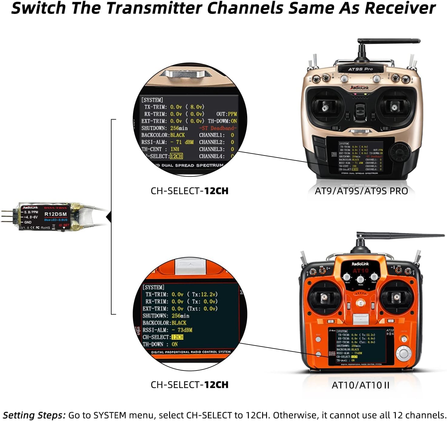 Radiolink R12DSM 2.4GHz 12-Channel Micro RC Receiver with SBUS/PPM - Long Range Control for FPV Racing Drones, Quadcopters, Helicopters - Perfect for Drone Racing, Aerial Photography, and RC Hobbyists