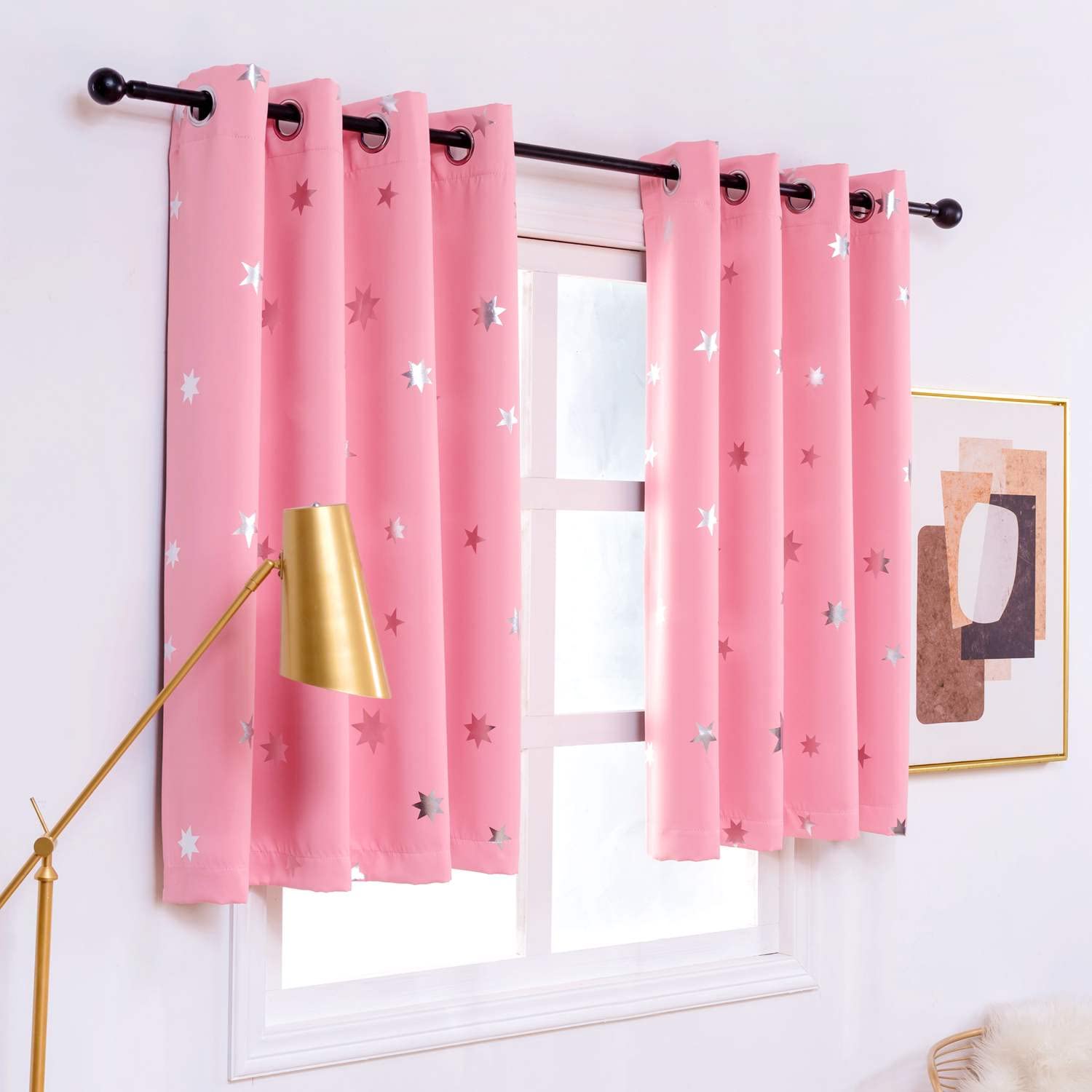 Pink Blackout Curtains for Girls Room - Silver Star Design Thermal Insulated Window Drapes (52x54 Inches, 2 Panels) - Perfect for Nursery, Bedroom & Home Theater Light Blocking