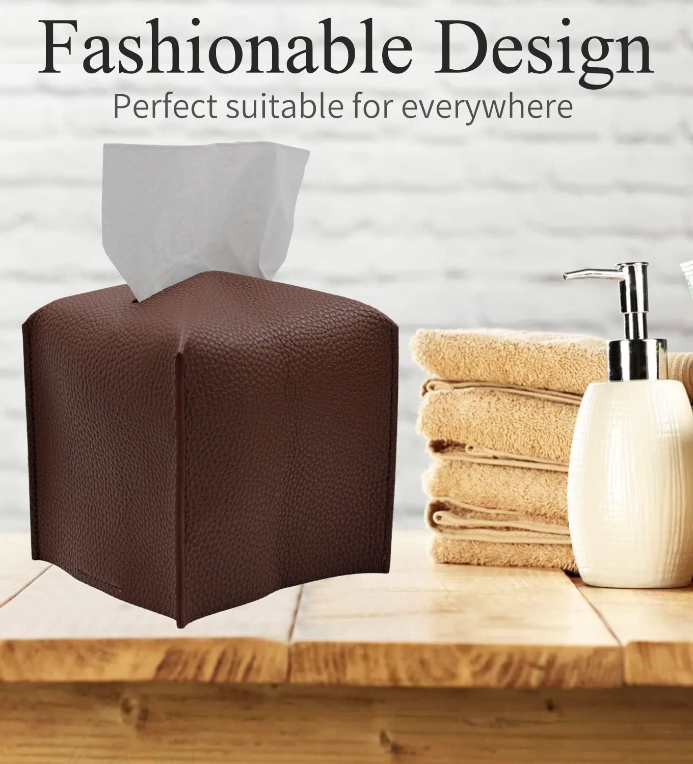 Livelab Square PU Leather Tissue Box Cover - Modern Decorative Tissue Holder for Bathroom, Vanity, Nightstand & Desk (5x5x5 Inches, Dark Brown) | Home & Office Organization Accessory