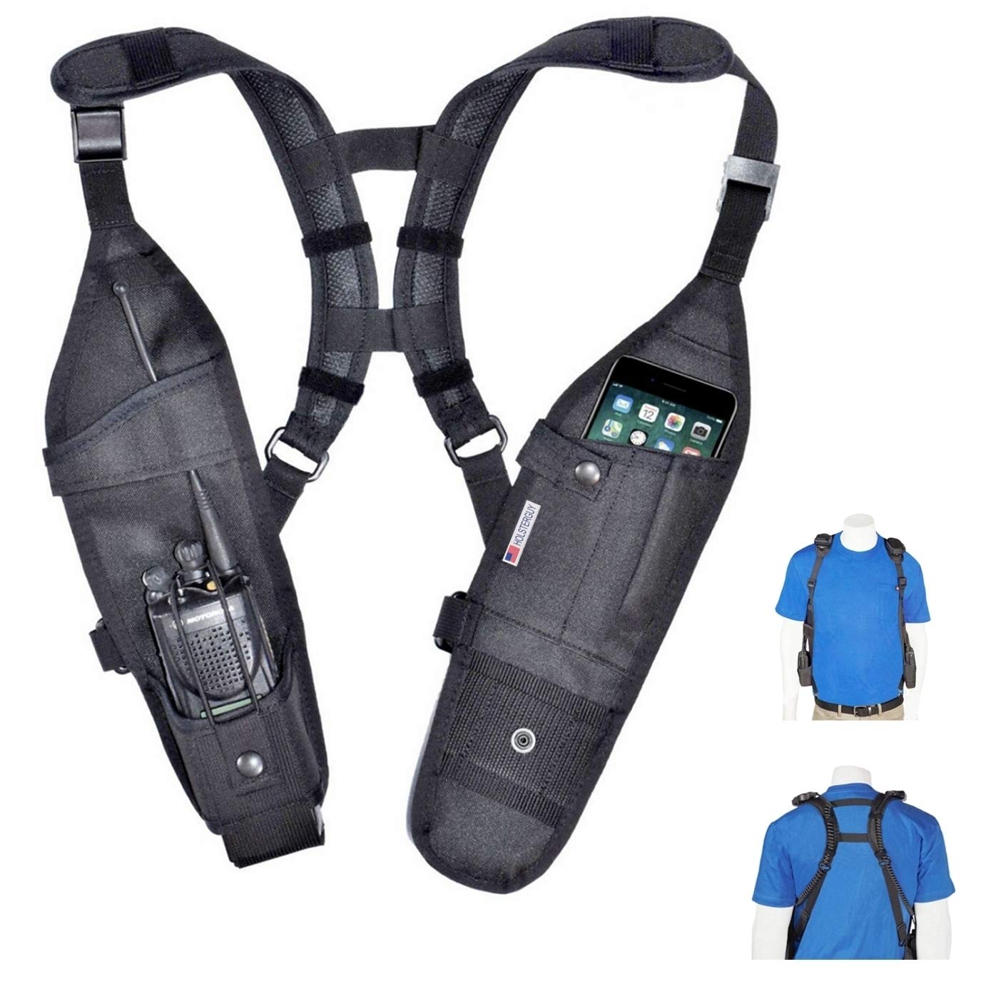 USH-300D Adjustable Double Radio Shoulder Holster Chest Harness - Fits Motorola ICOM Vertex Two Way Radios (Medium to Large) - Made in USA by HOLSTERGUY - Perfect for Security, Construction & Outdoor Activities