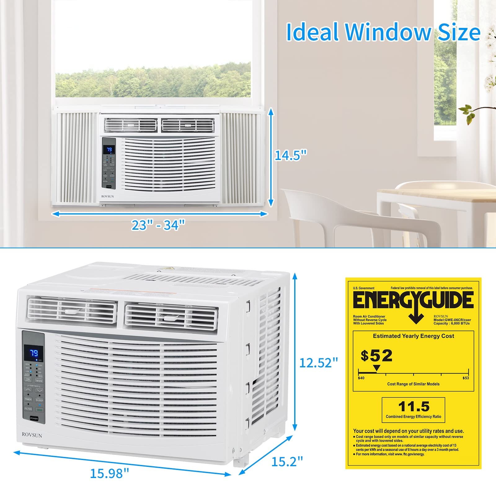 Bonnlo 6000 BTU Smart WiFi Window Air Conditioner - Energy Efficient Cooling for Rooms Up to 250 Sq.Ft - Remote Control & Timer - 115V White - Perfect for Bedrooms, Home Offices & Small Apartments