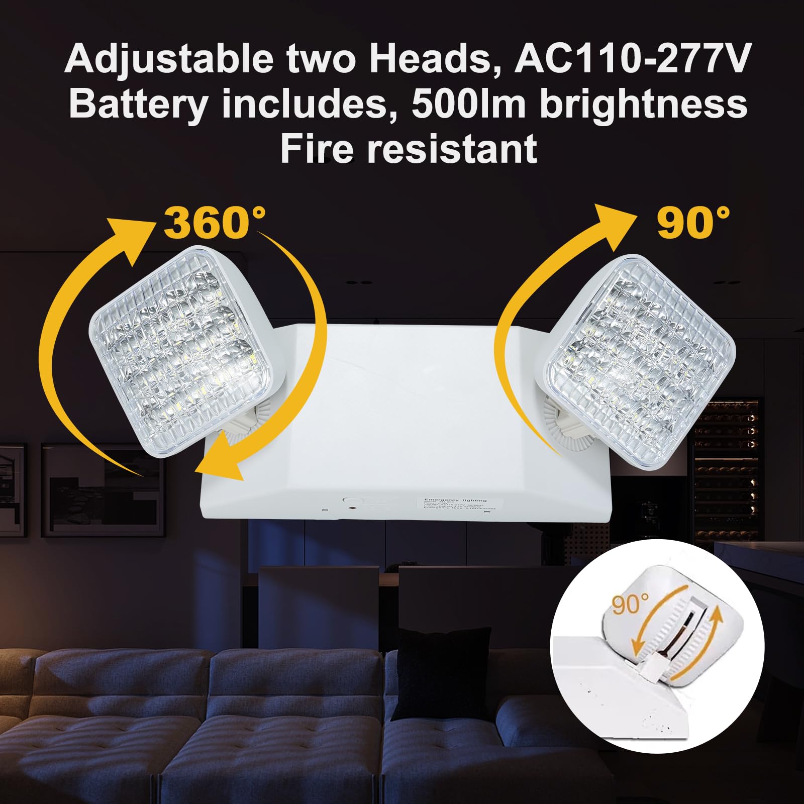 4 Pack LED Adjustable Emergency Exit Lights with Battery Backup, 2 LED Bulbs, White, AC110V/277V - Perfect for Business, Home & Office During Power Outages & Emergency Situations