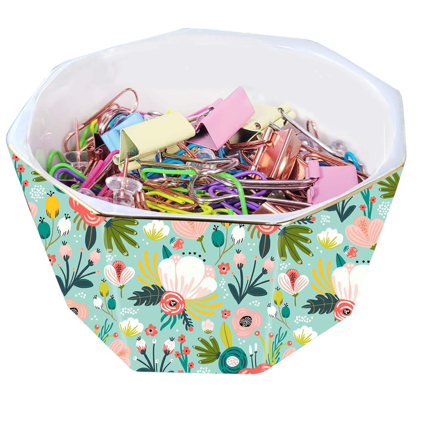 Elegant Ceramic Paper Clip Holder with Gold Line Geometric Floral Design - Desk Organizer for Office Supplies, Binder Clips & Stationery - Perfect Gift for Coworkers & Home Office Use (Mint Flowers)