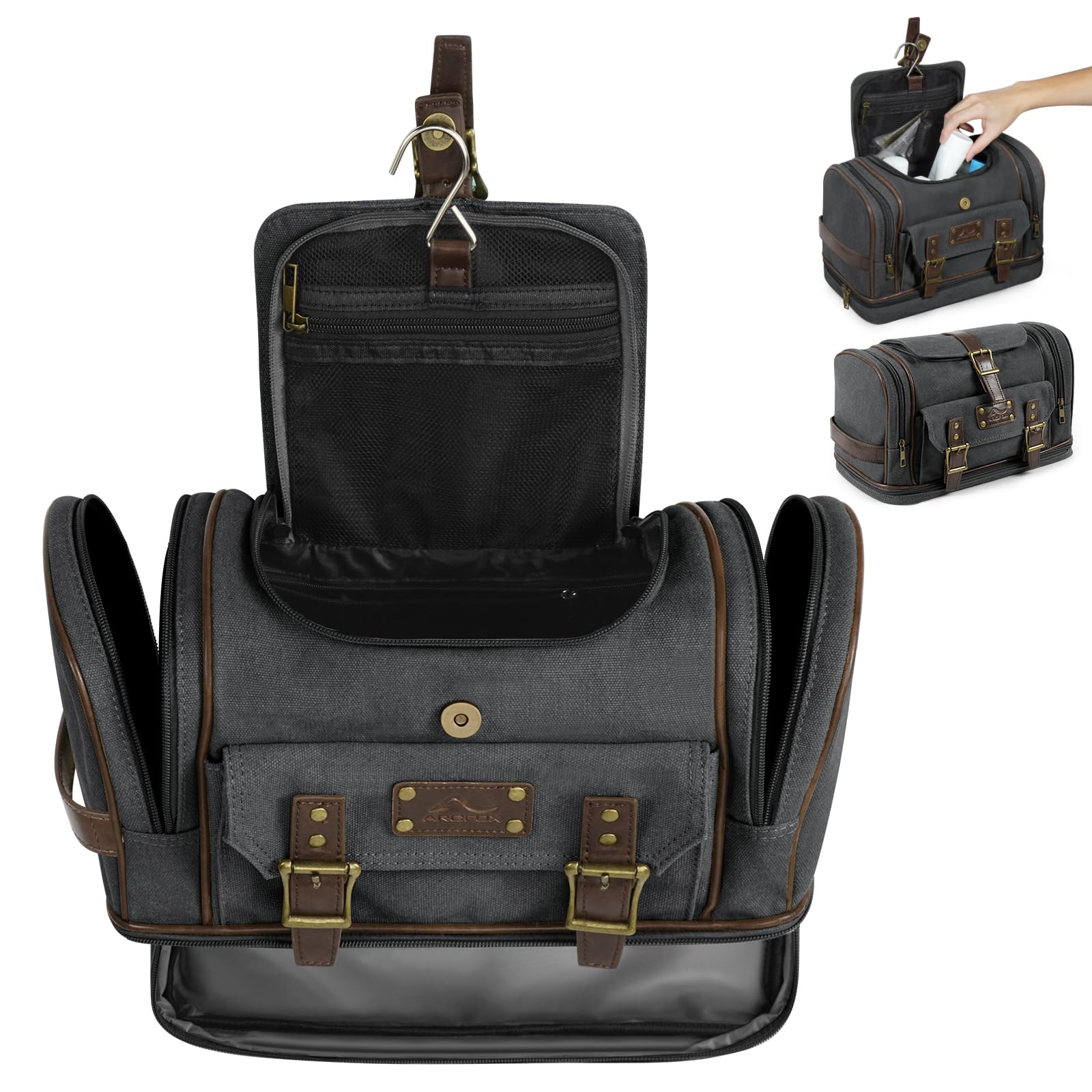 Premium Canvas Hanging Toiletry Bag for Men - 7 Compartment Travel Organizer with Large Capacity | Waterproof Gym, Camping & Business Trip Essentials Storage | Black Travel Toiletry Kit for Shaving, Cosmetics & Personal Care Items