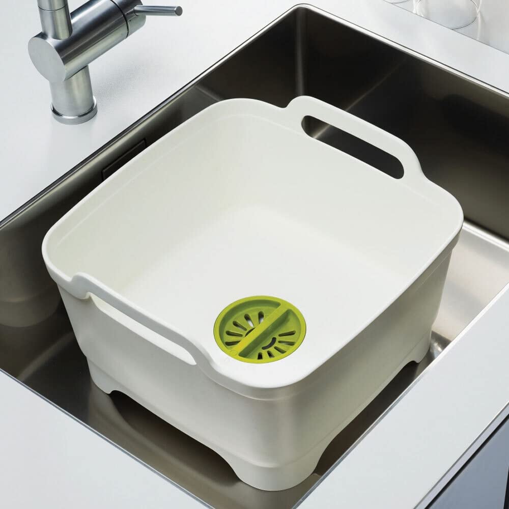 Joseph Joseph Wash & Drain Kitchen Dish Tub - 9L White Dishwashing Basin with Handles & Drain Plug - Perfect for Washing Dishes, Fruits & Vegetables in Sink