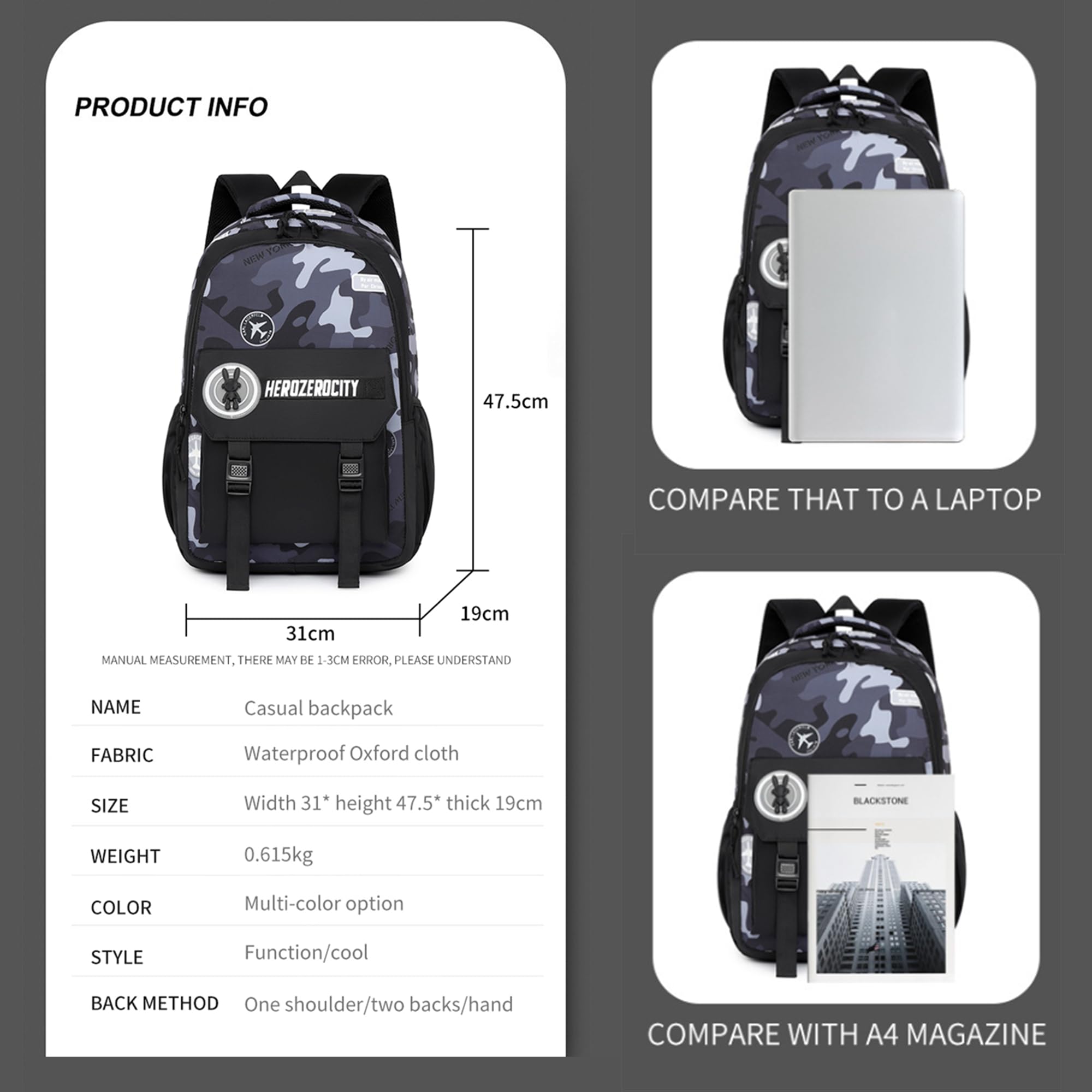 MITOWERMI Camouflage Backpack for Boys - Lightweight School Backpack for Kids, Durable Elementary Bookbag for Travel & Daily Use - Black Military Style Backpack for School, Hiking & Outdoor Adventures