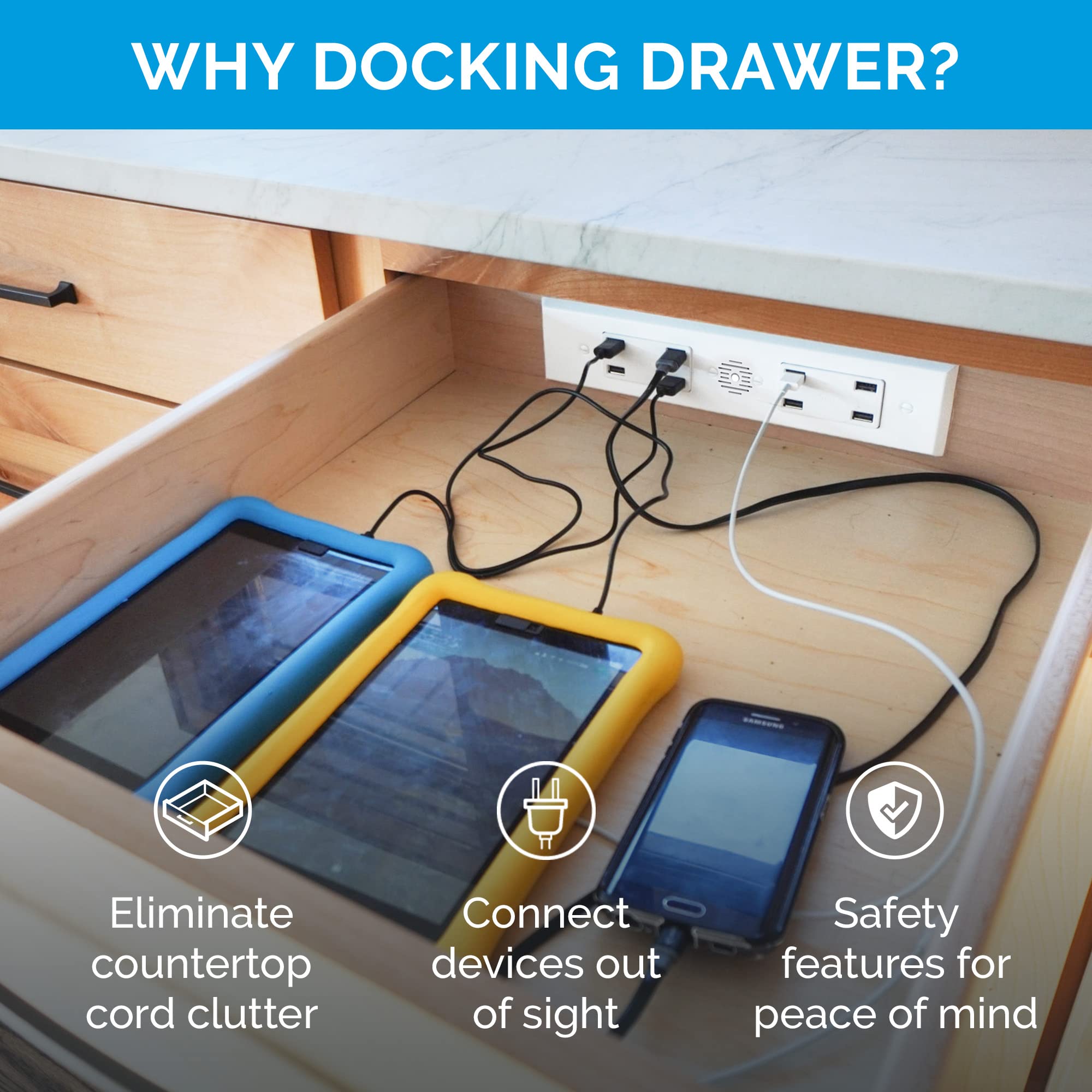 Docking Drawer Blade Duo Outlet with USB-A Port - Organize Kitchen, Bathroom & Closet Drawers | Black | Perfect for Decluttering Counters & Charging Devices